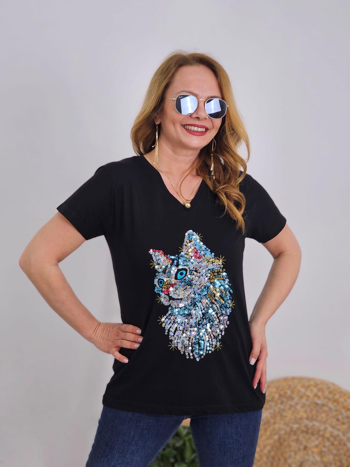 FELİX11623 Pullu Kedi Baskılı Siyah Tişört