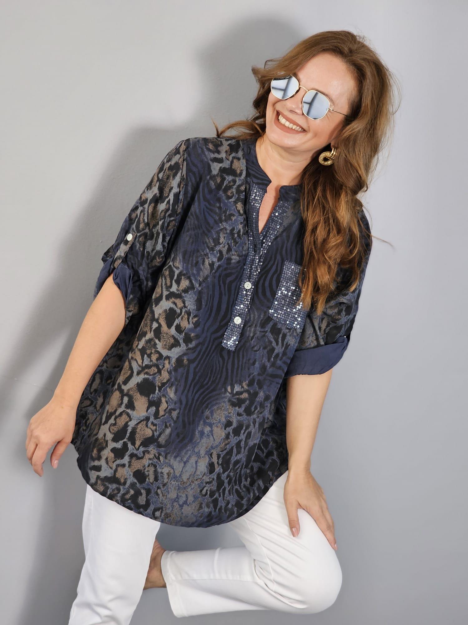 FELİX12361 Yaka Cep Pul Detaylı Leopar Desenli Gri İthal Bluz