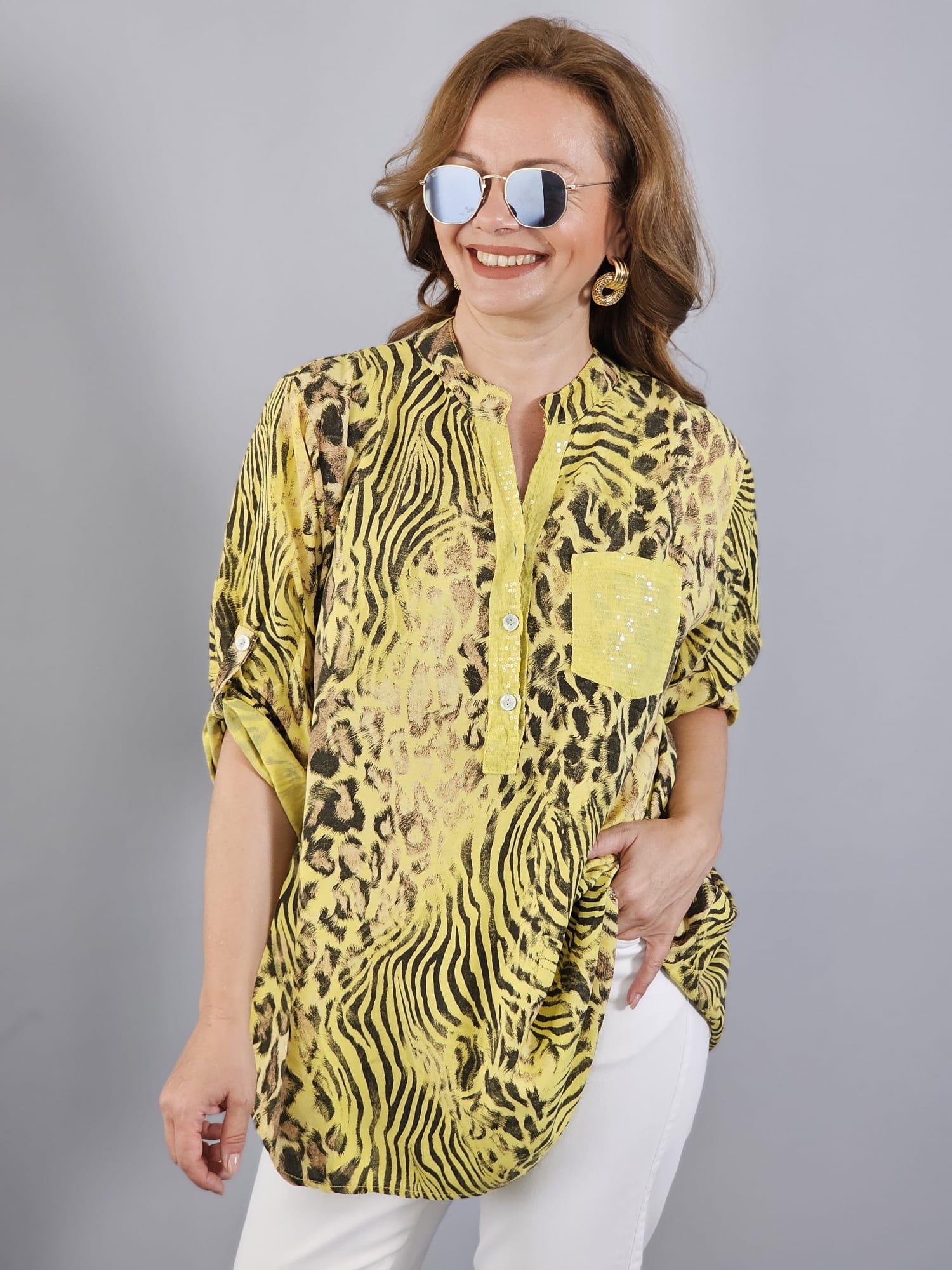 FELİX12363 Yaka Cep Pul Detaylı Leopar Desenli Sarı İthal Bluz