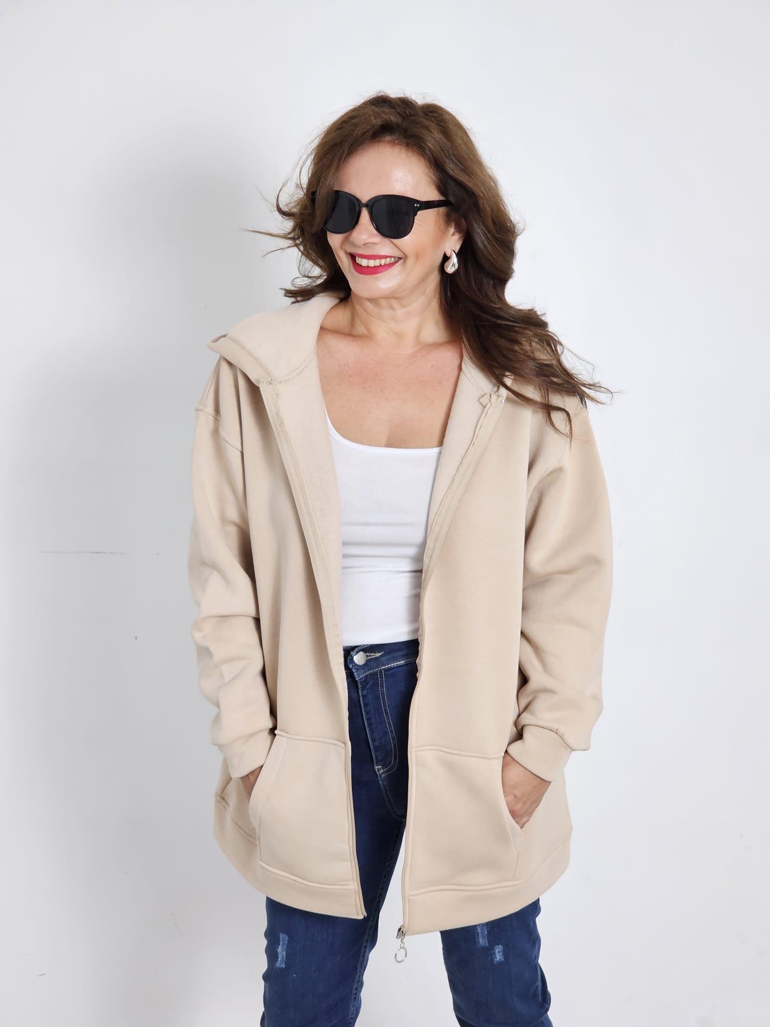 FELİX12573 Kapüşonlu Şardonlu Rahat Kalıp Bej Sweat Ceket