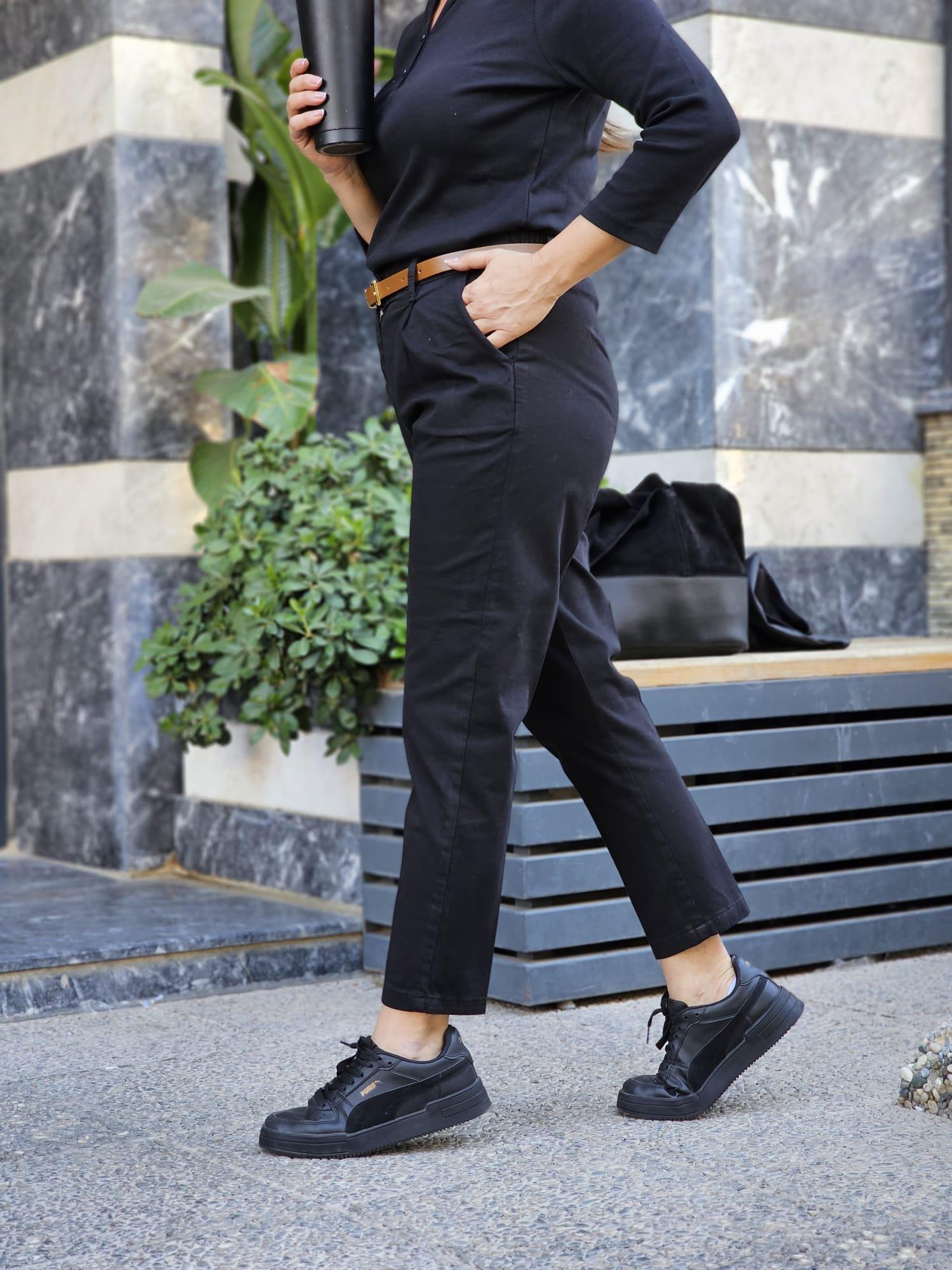 FELİX12632 Bel Lastikli Kemerli Bilek Boy Siyah Pantolon