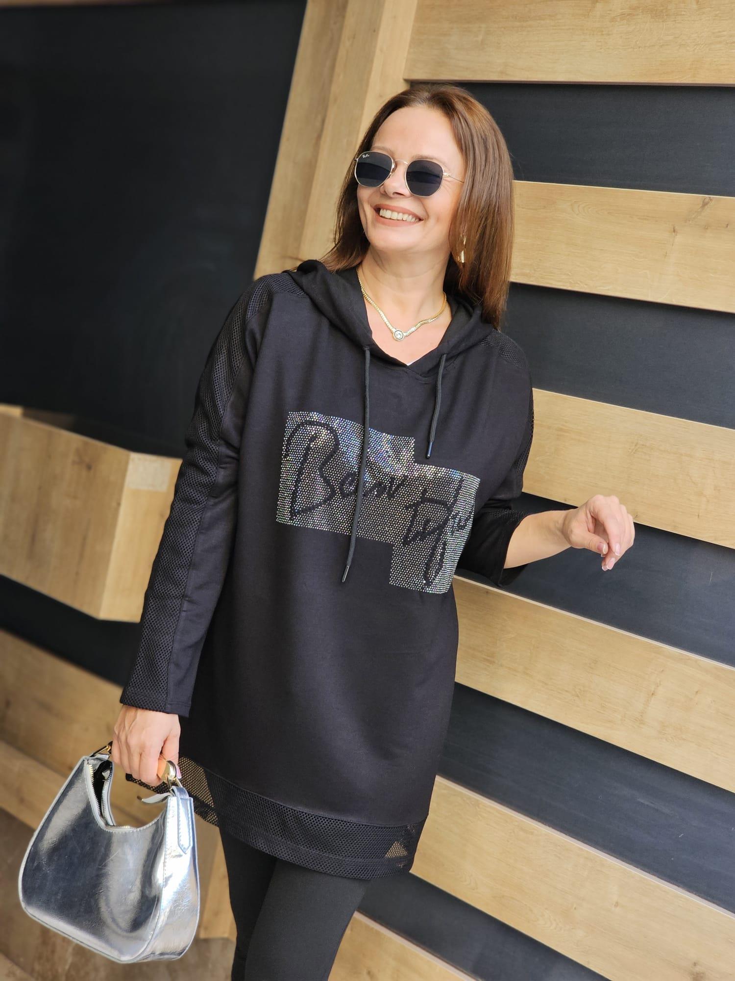 FELİX12655 Etek Ucu Kolu File Detaylı Taş Baskılı Kapüşonlu Siyah Sweatshirt