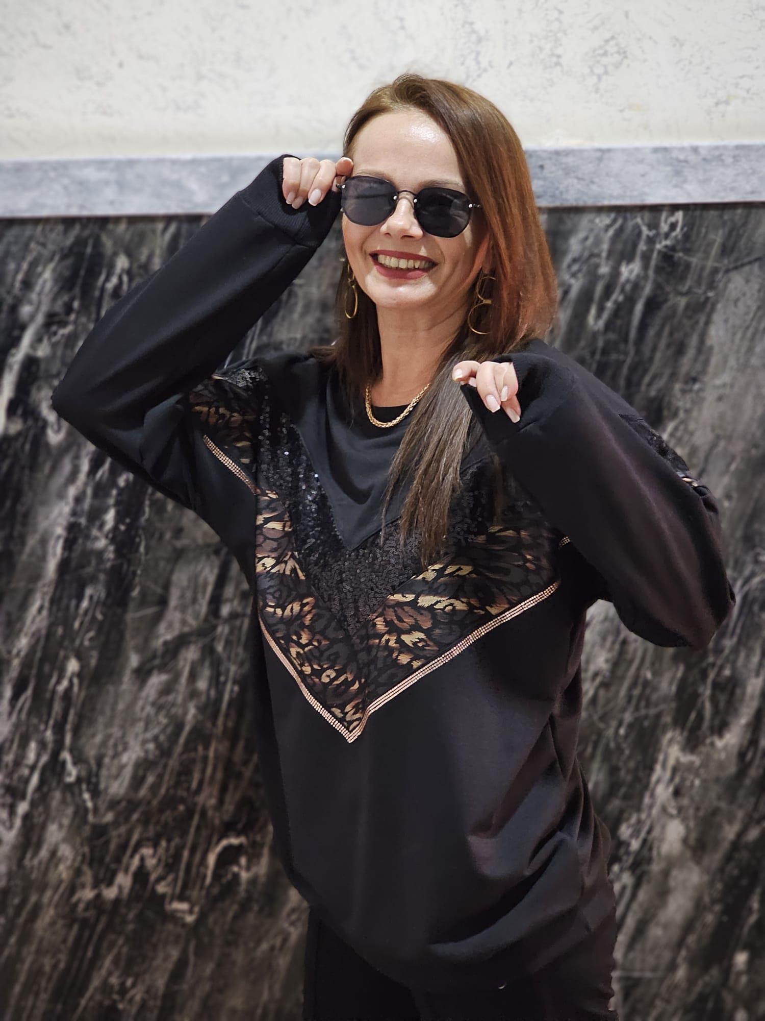 FELİX13192 Payet Leopar Taş Detaylı Siyah Sweatshirt