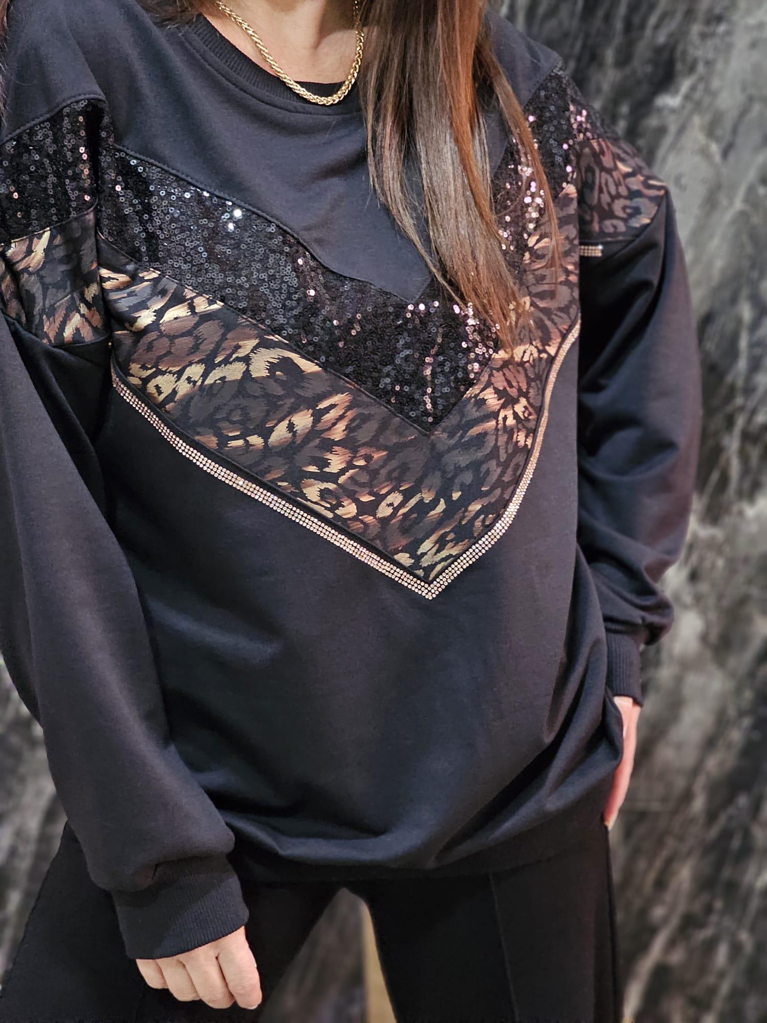 FELİX13192 Payet Leopar Taş Detaylı Siyah Sweatshirt