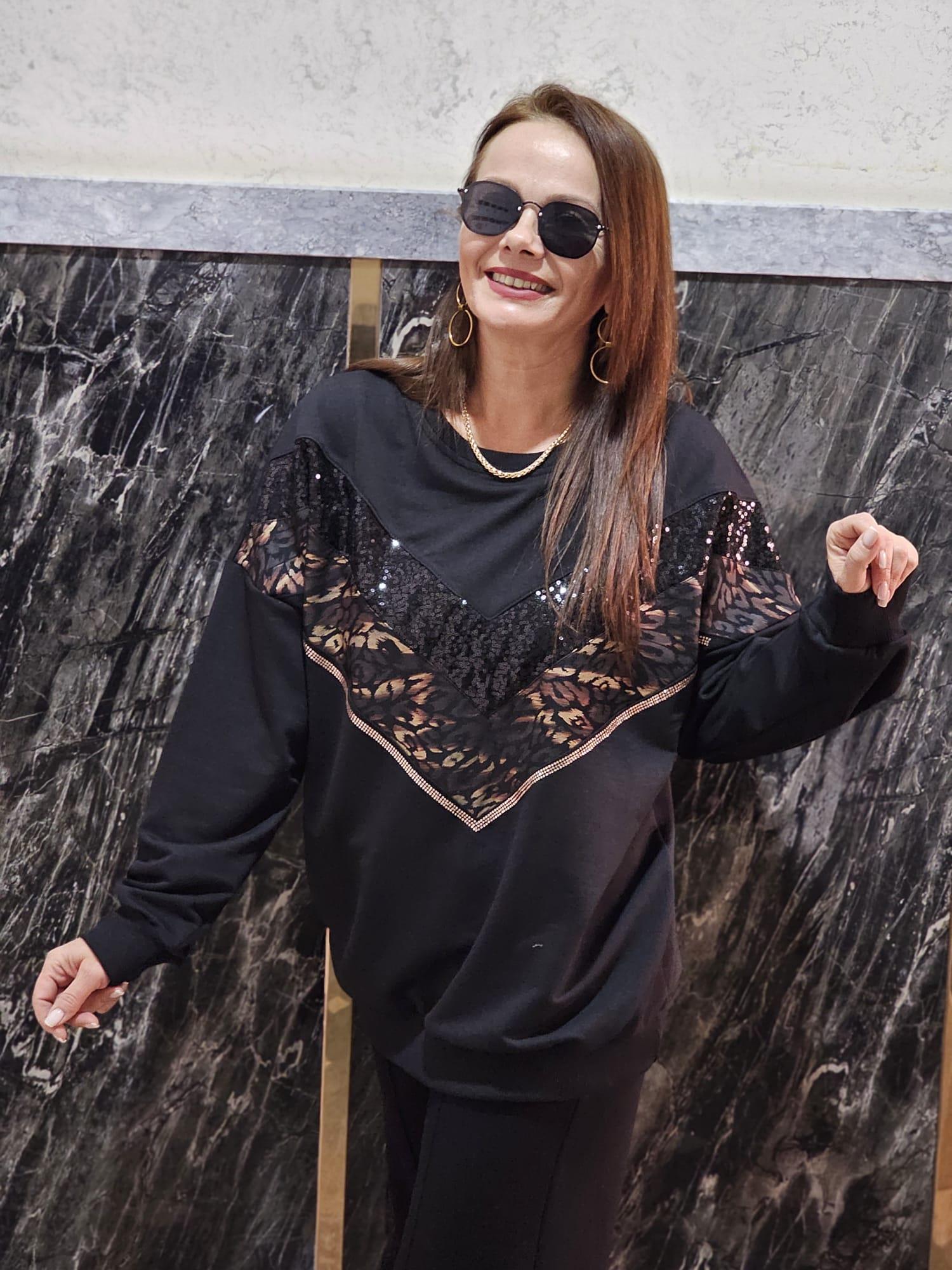 FELİX13192 Payet Leopar Taş Detaylı Siyah Sweatshirt