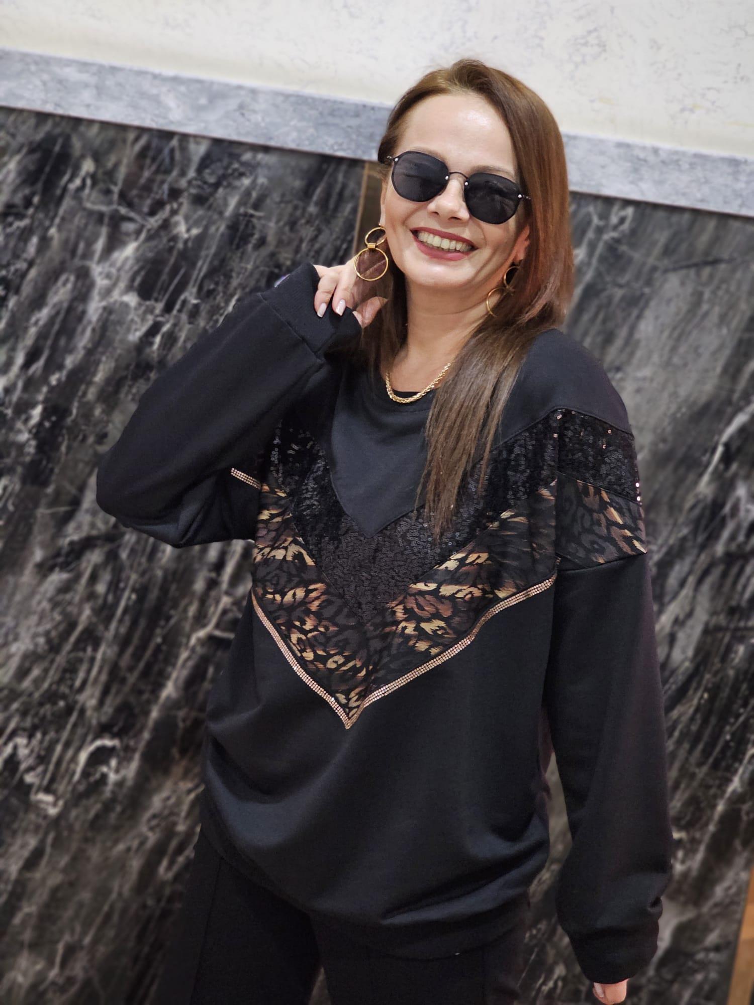FELİX13192 Payet Leopar Taş Detaylı Siyah Sweatshirt
