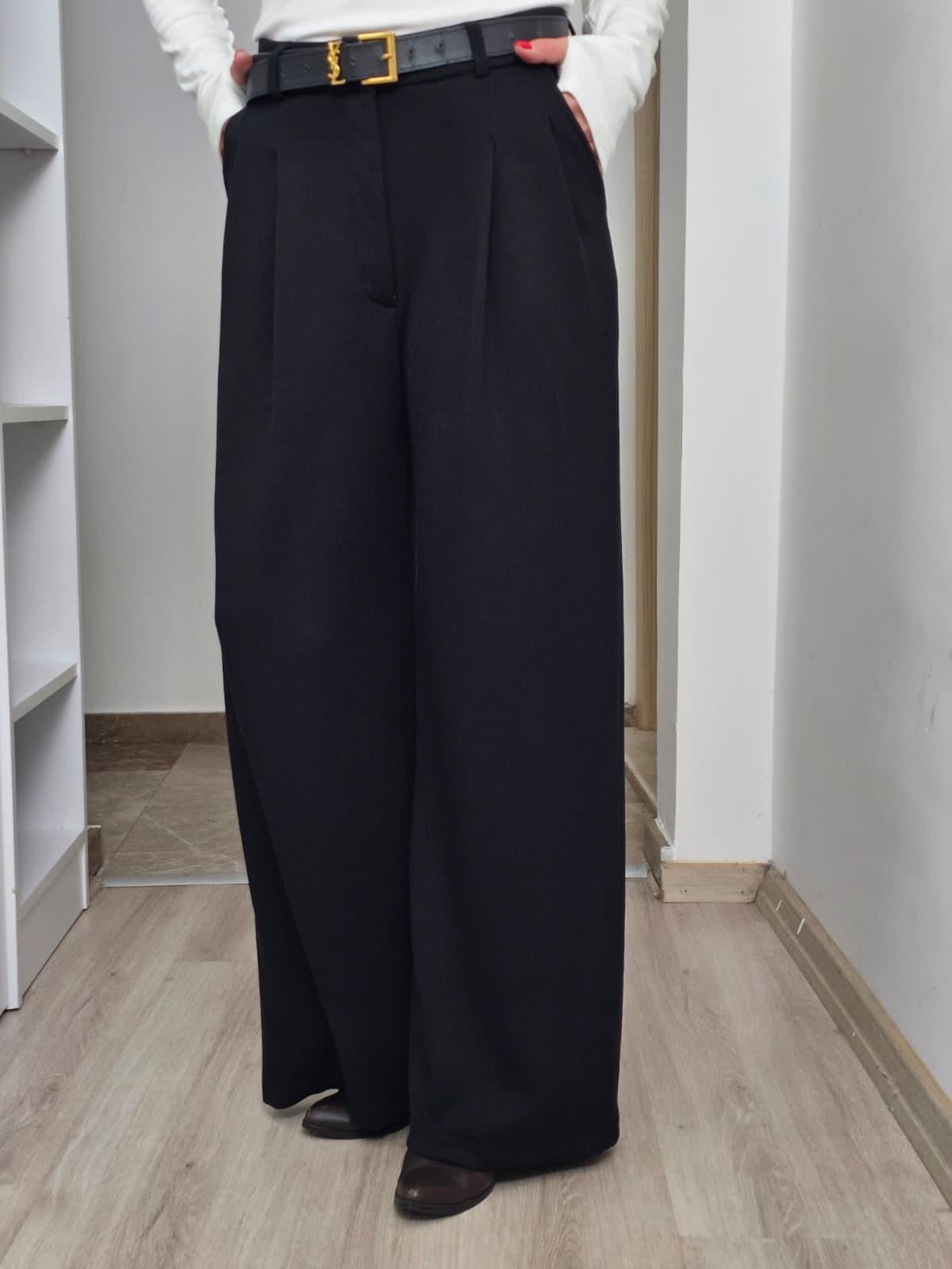 FELİX14326 Yüksek Bel Pilliseli Siyah Modal Palazzo Pantolon