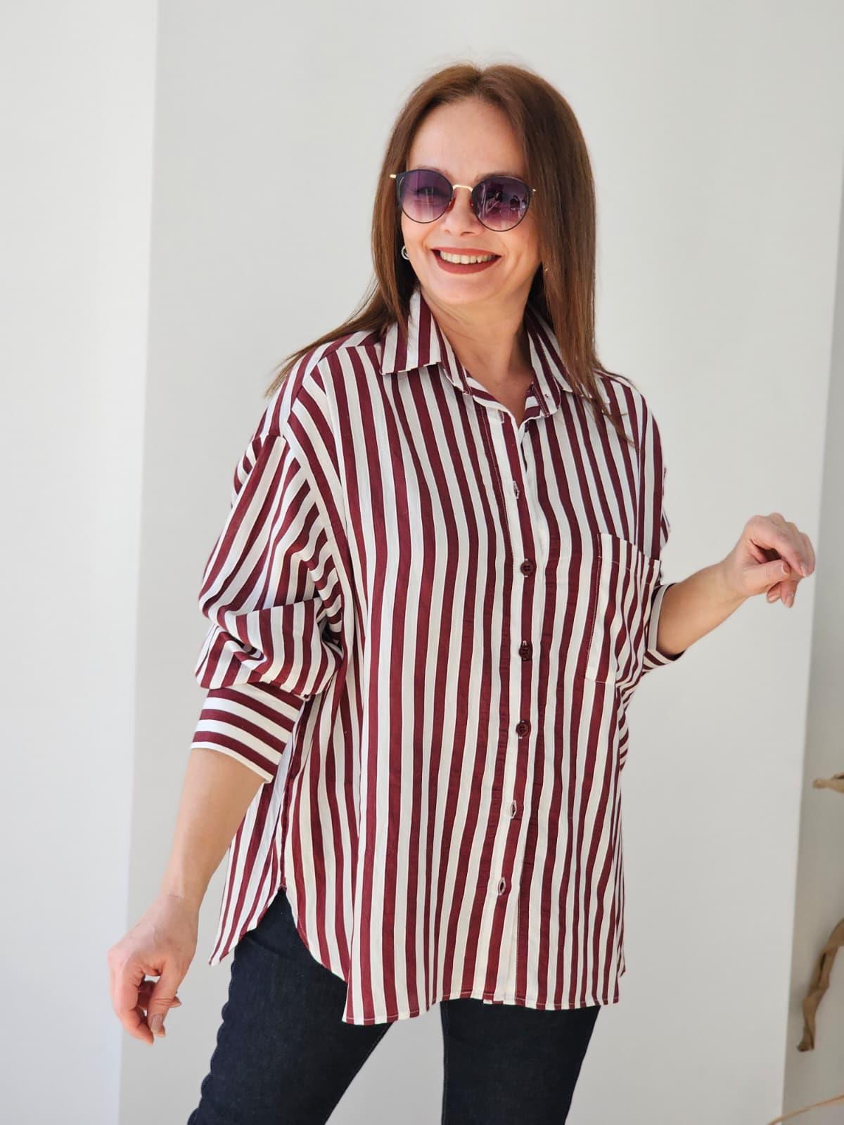 FELİX14765 Cepli Yan Yırtmaçlı Bordo Beyaz Çizgili Oversize Gömlek