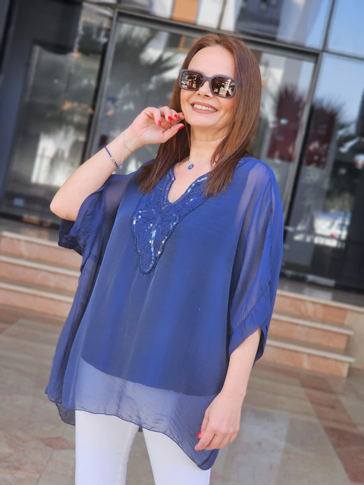 FELİX14819 Pullu V Detaylı İthal İpekli Lacivert Bluz