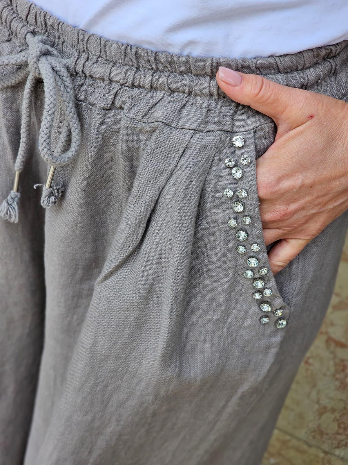 FELİX15144 Beli Lastikli Taşlı İthal Vizon Keten Pantolon