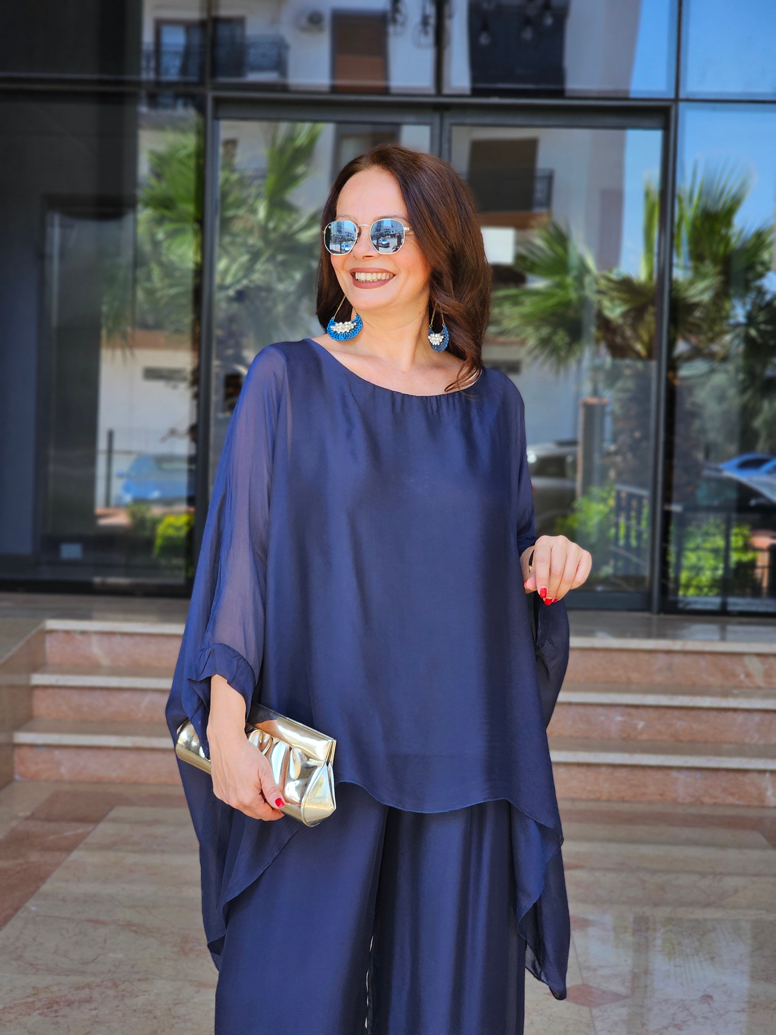 FELİX15295 Yarasa Kol İthal İpekli Lacivert  Bluz