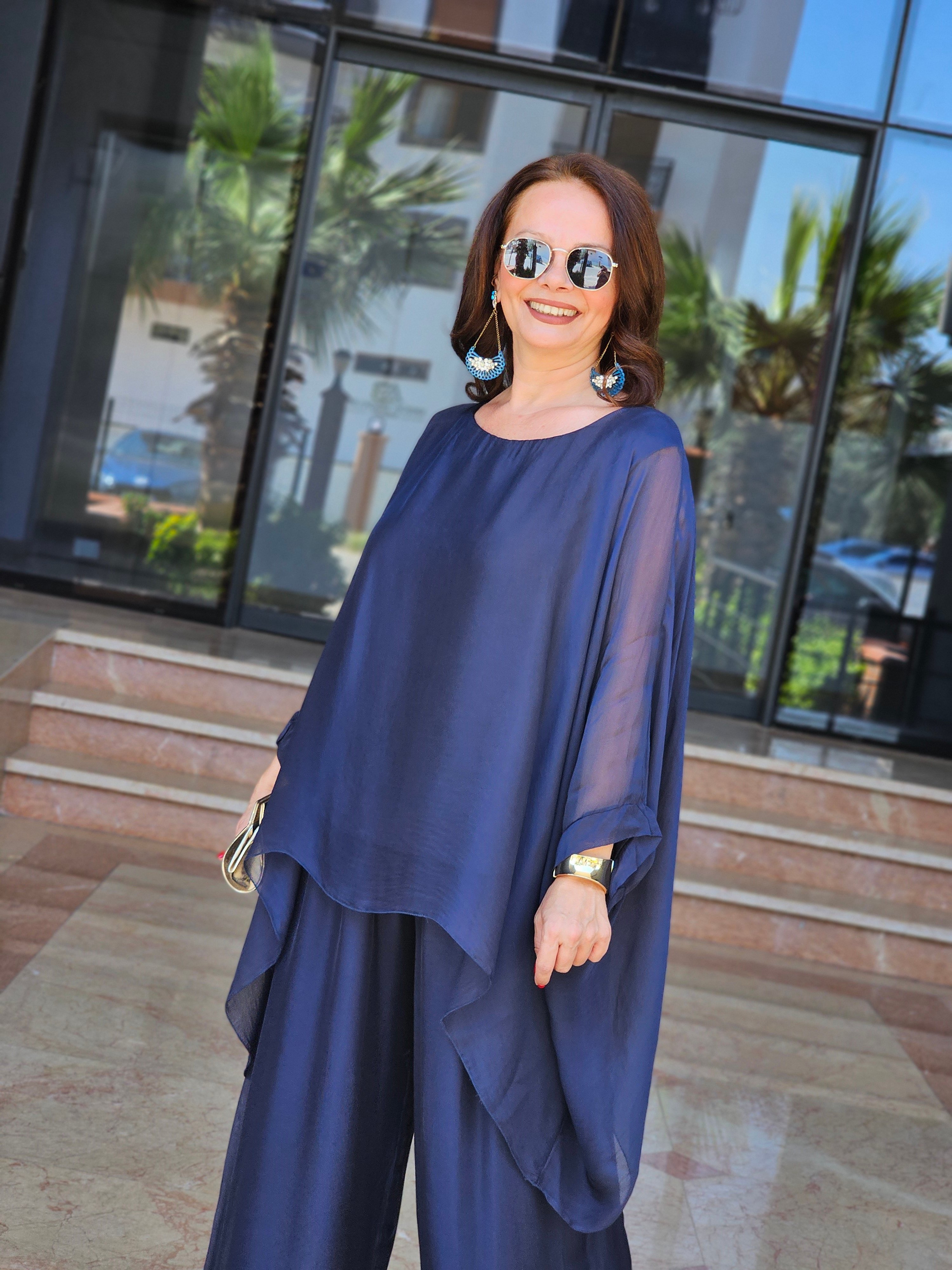 FELİX15295 Yarasa Kol İthal İpekli Lacivert  Bluz