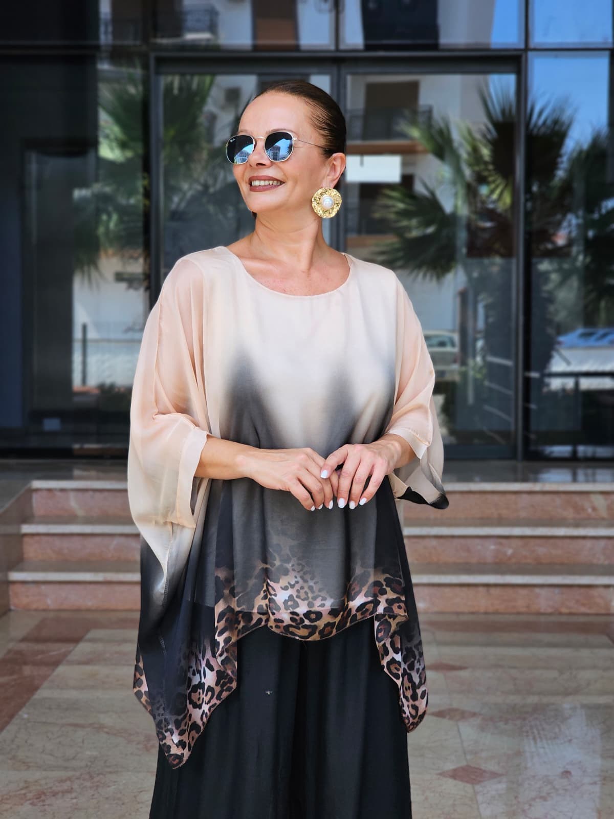 FELİX15473 Leopar Desenli İthal İpekli Bej Batik Bluz