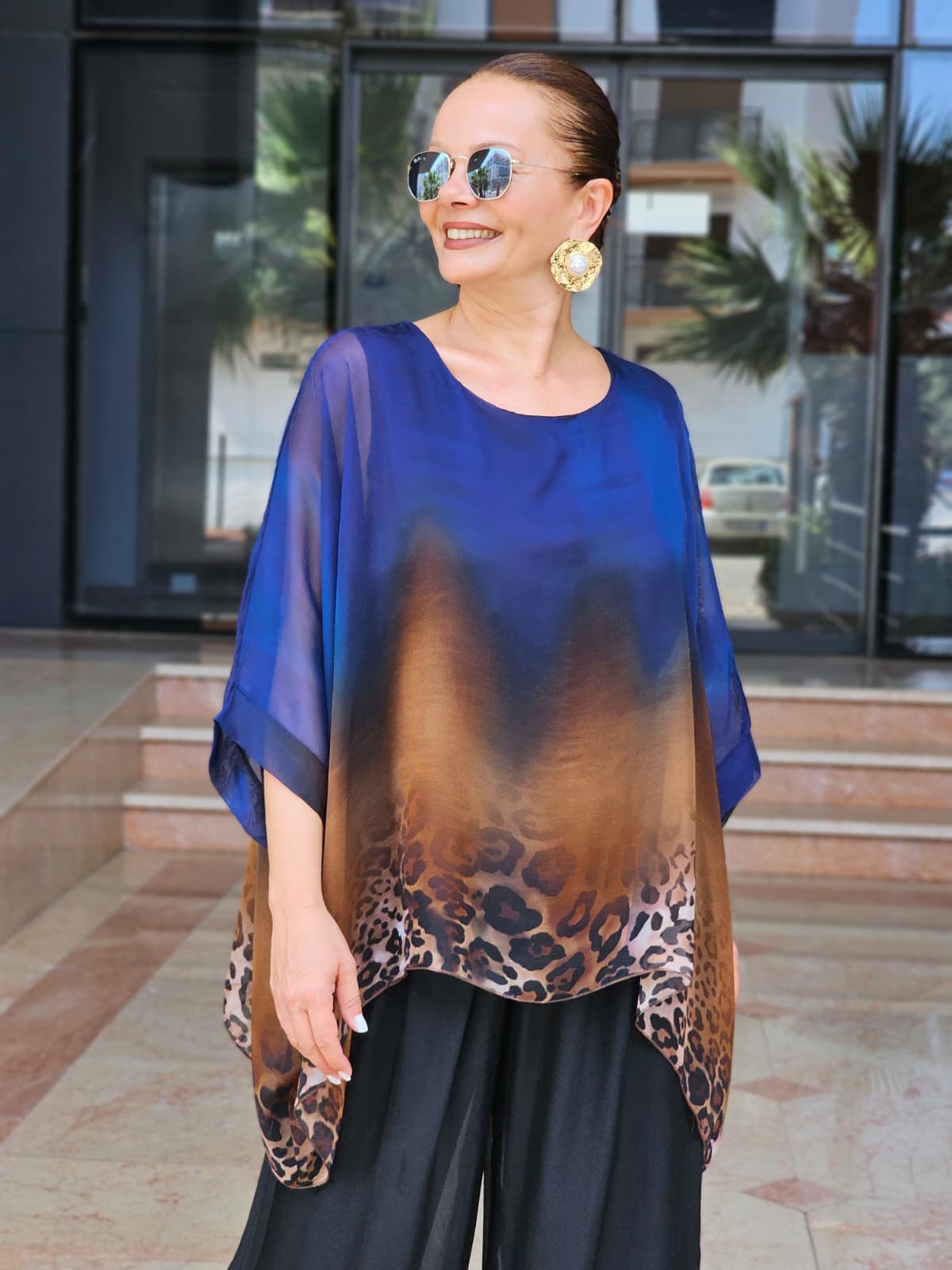 FELİX15476 Leopar Desenli İthal İpekli Lacivert Batik Bluz