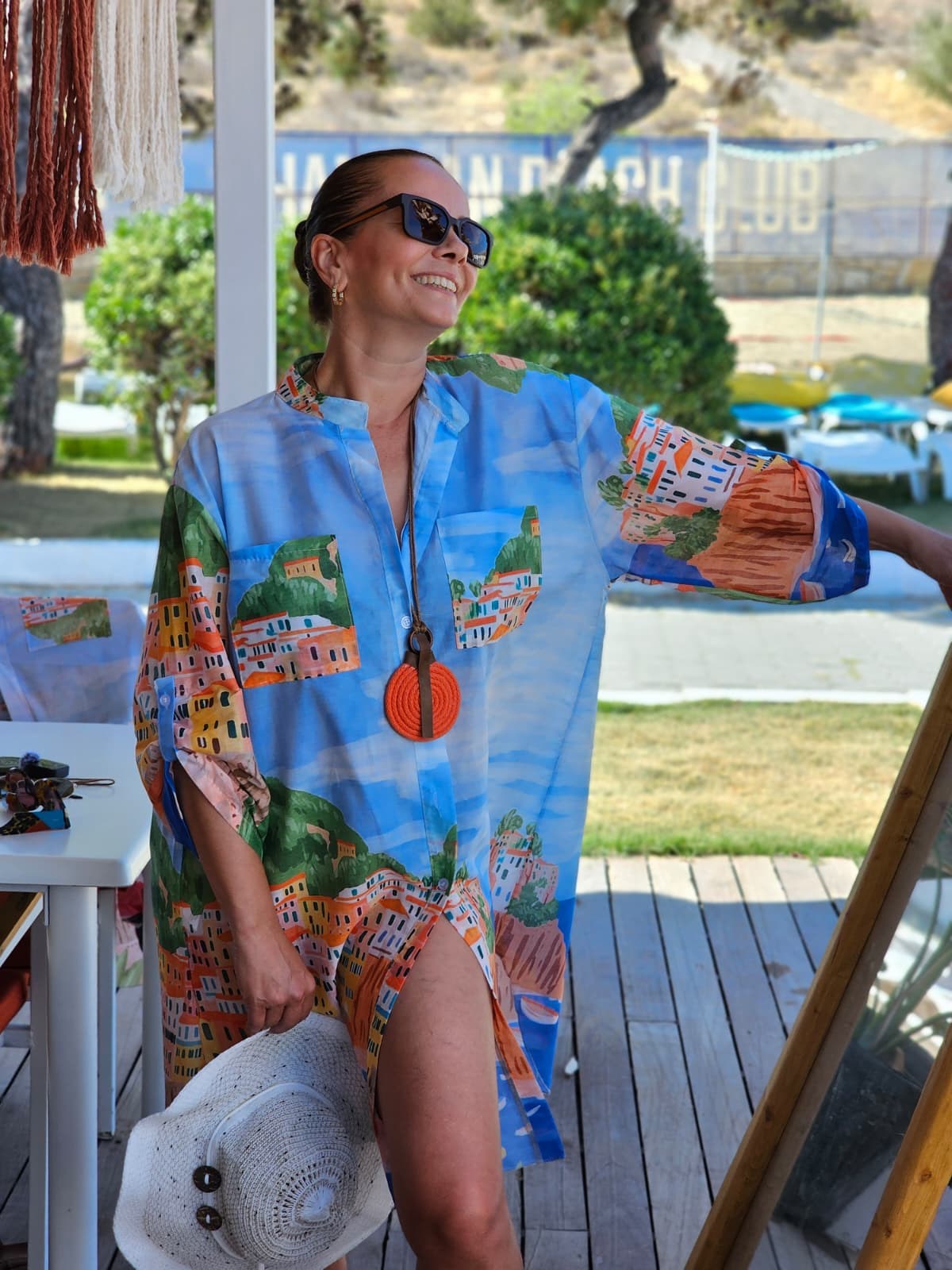 FELİX15487  Portofino Manzaralı Sax İthal Gömlek Elbise Pareo  