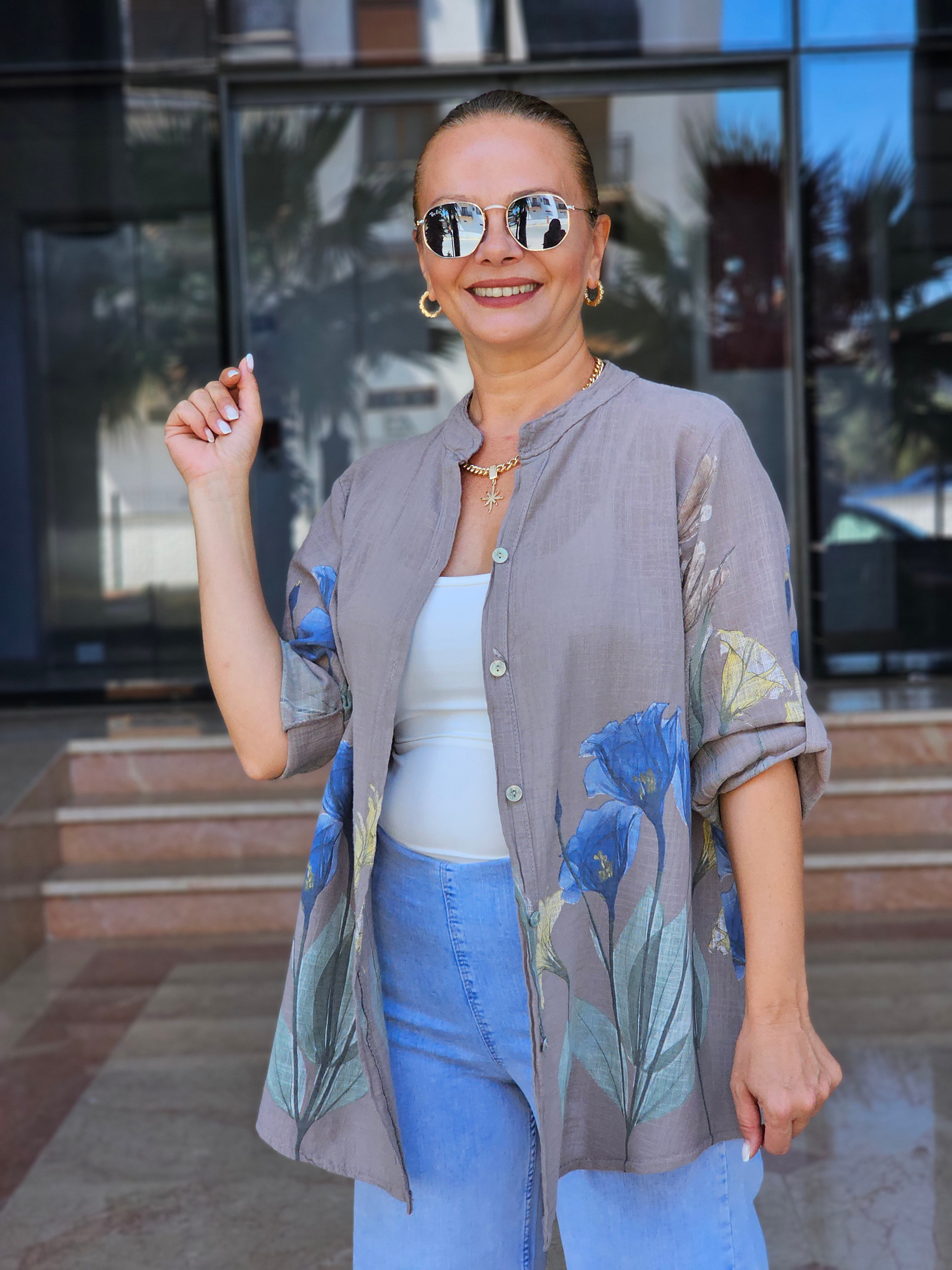 FELİX15539 Lilyum Desenli İthal Cotton Kahverengi Gömlek