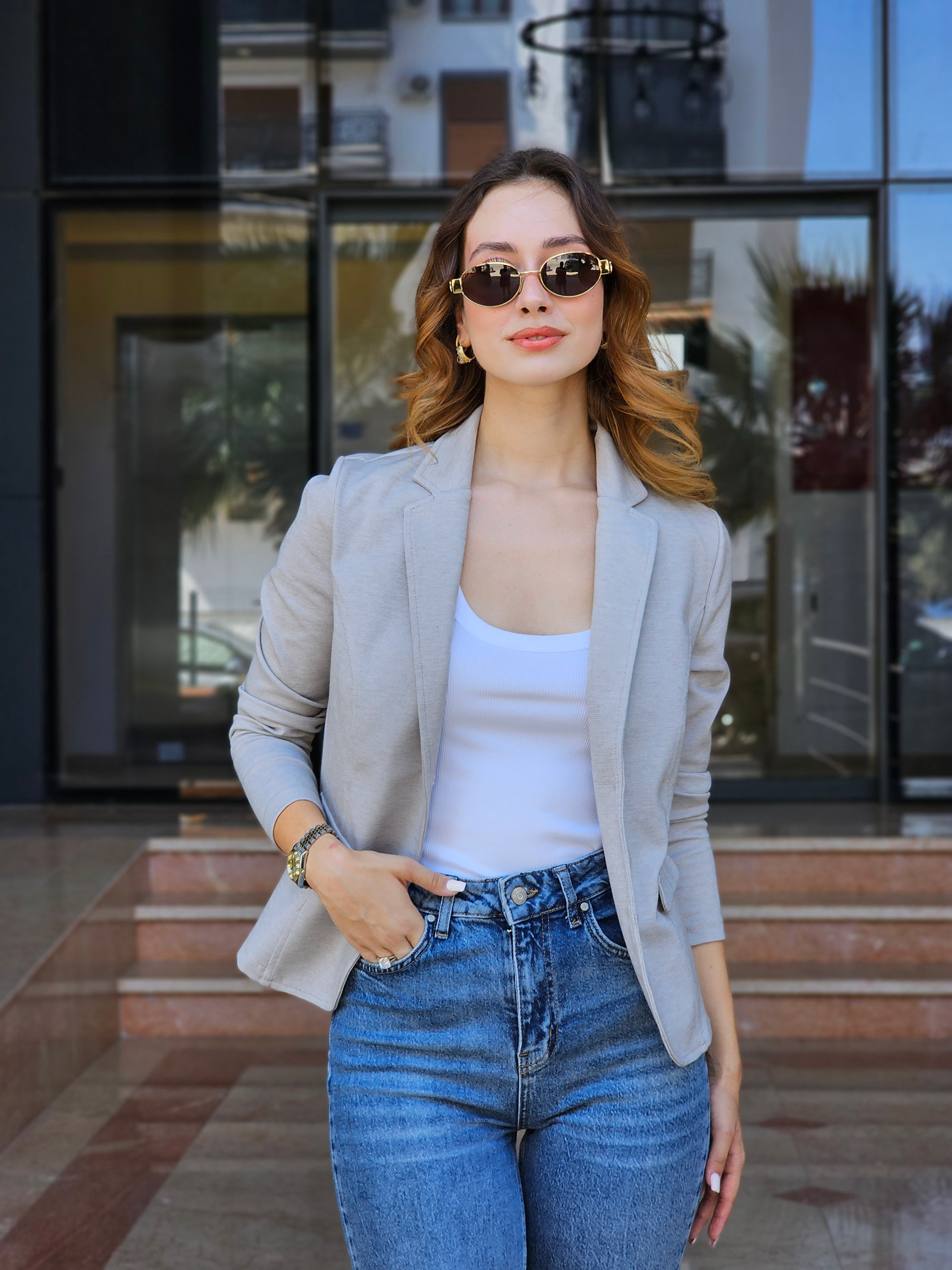 FELİX15553 İki Düğmeli Bej Melanj Blazer Ceket