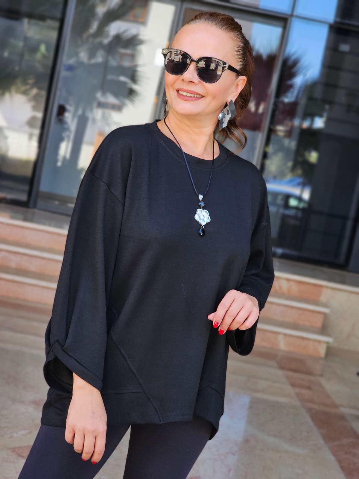 FELİX15610 Dirsek Kol Kolyeli Siyah Sweatshirt