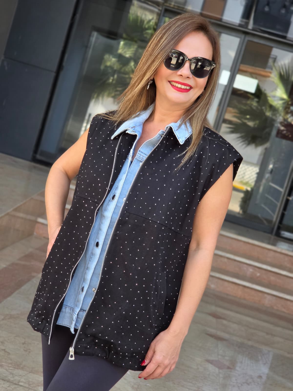 FELİX15641 Kot Detaylı Taşlı Siyah Premium Yelek