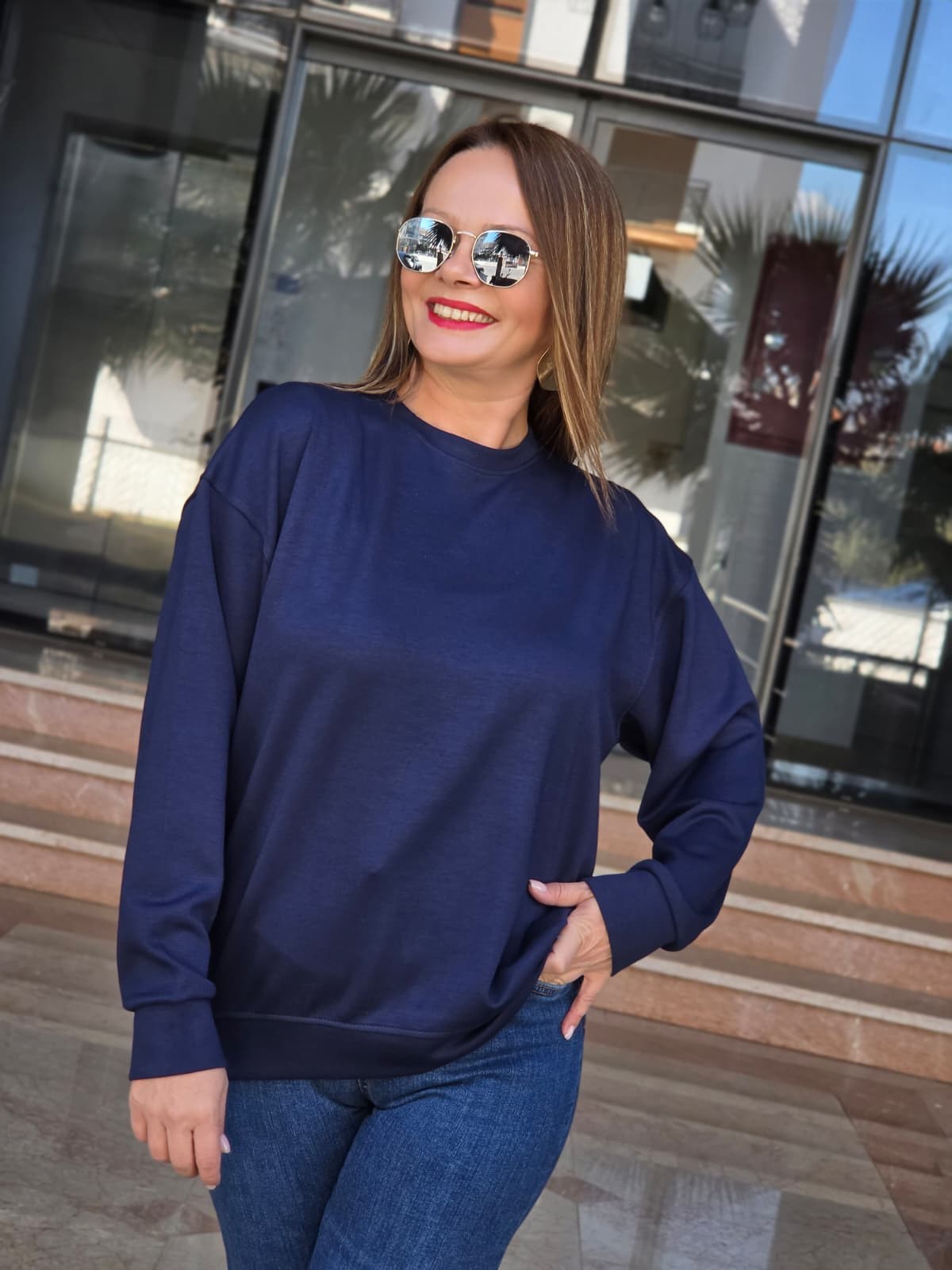FELİX15653 Bisiklet Yaka Pamuklu Basic Lacivert Sweatshirt