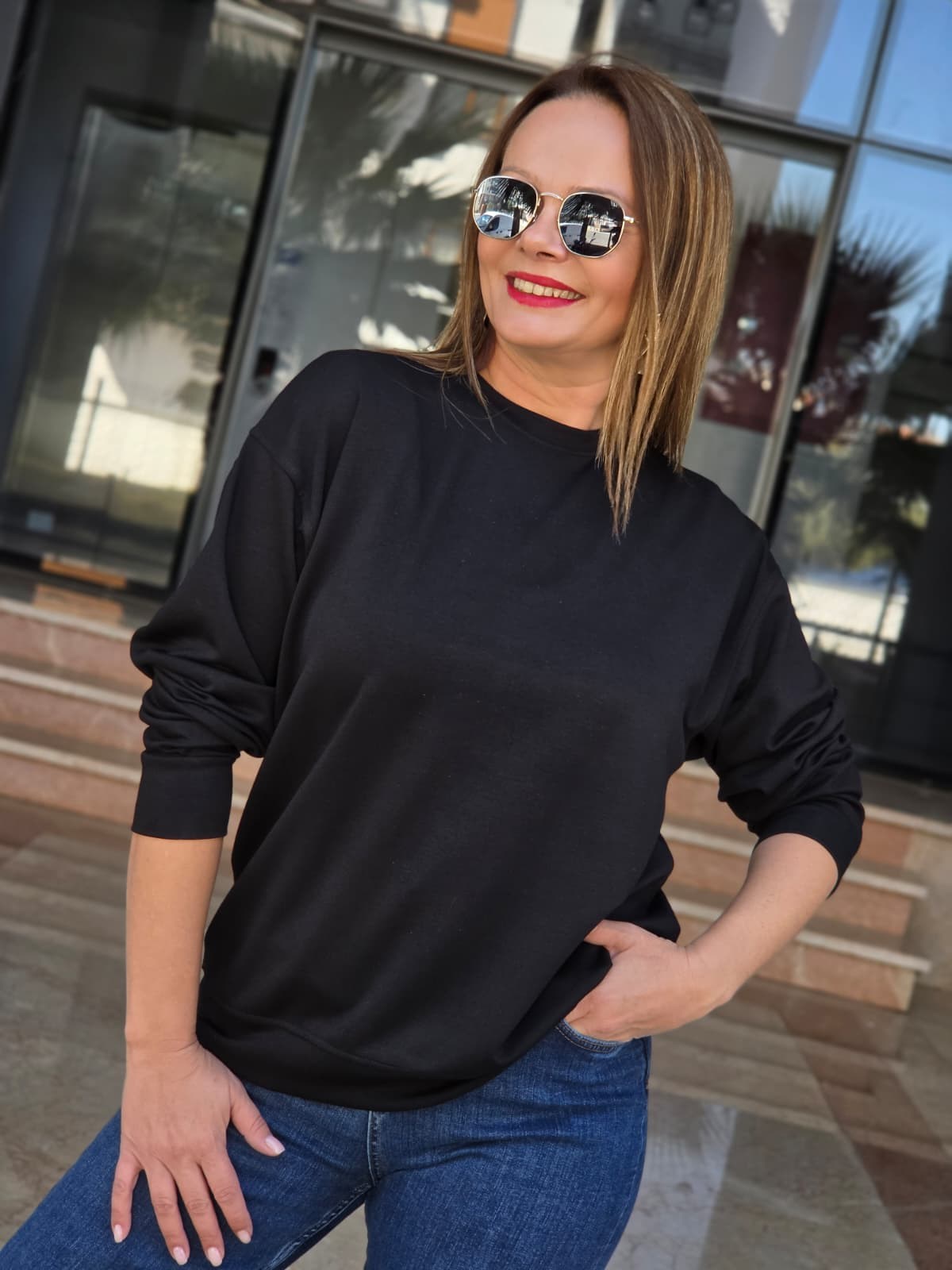 FELİX15654 Bisiklet Yaka Pamuklu Basic Siyah Sweatshirt