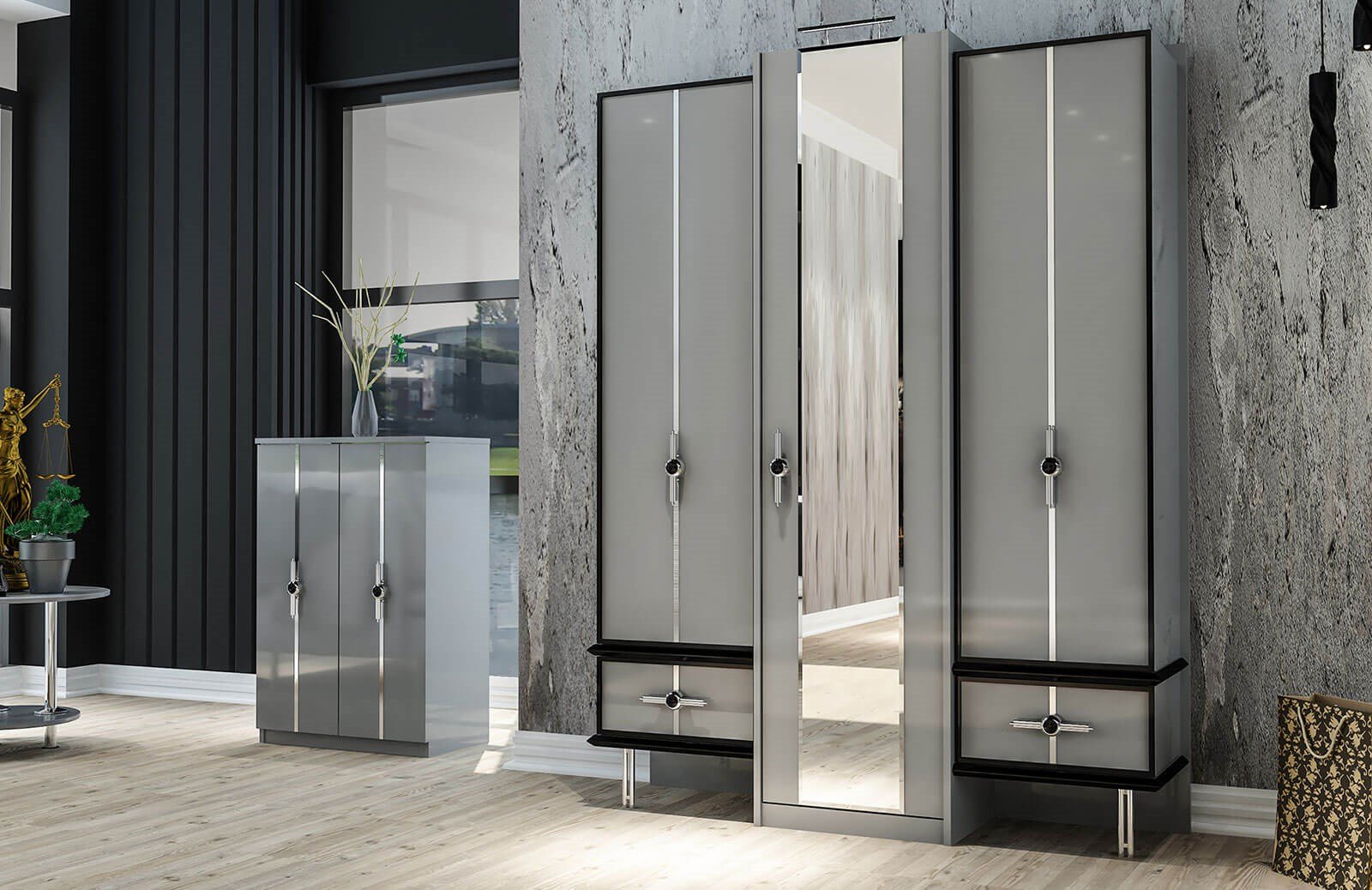 OR-5004 Ayakkabılık Aynalı Portmanto Metalik Krom