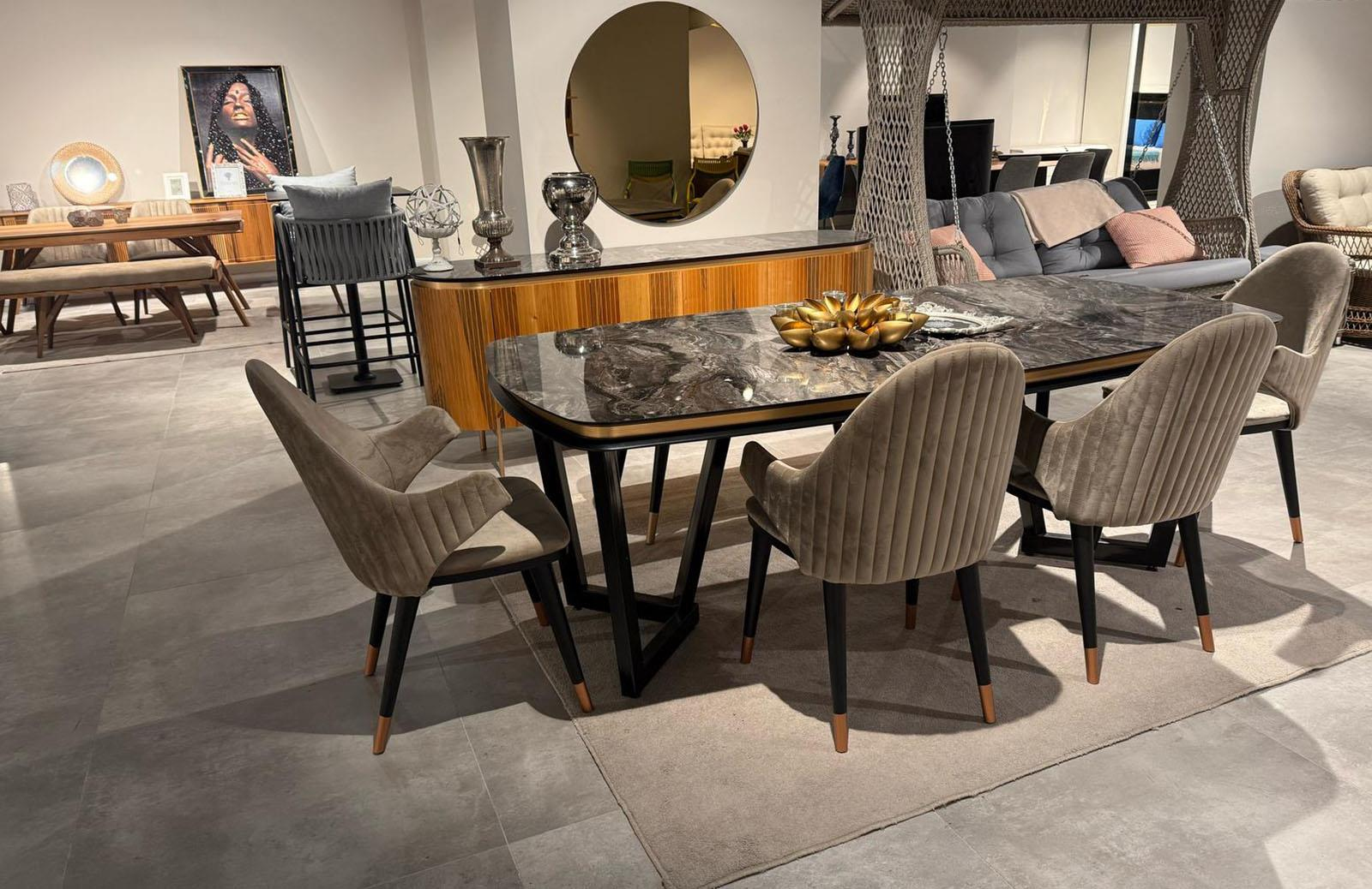 OUTLET- İMS -Perla Yemek Odası Takımı Ceviz + Tv Ünitesi + 1 Bench+ 4 Sandalye