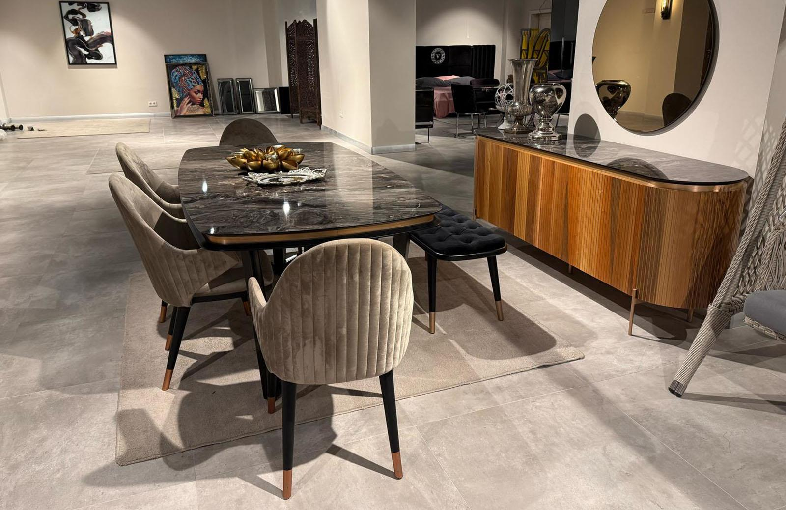 OUTLET- İMS -Perla Yemek Odası Takımı Ceviz + Tv Ünitesi + 1 Bench+ 4 Sandalye