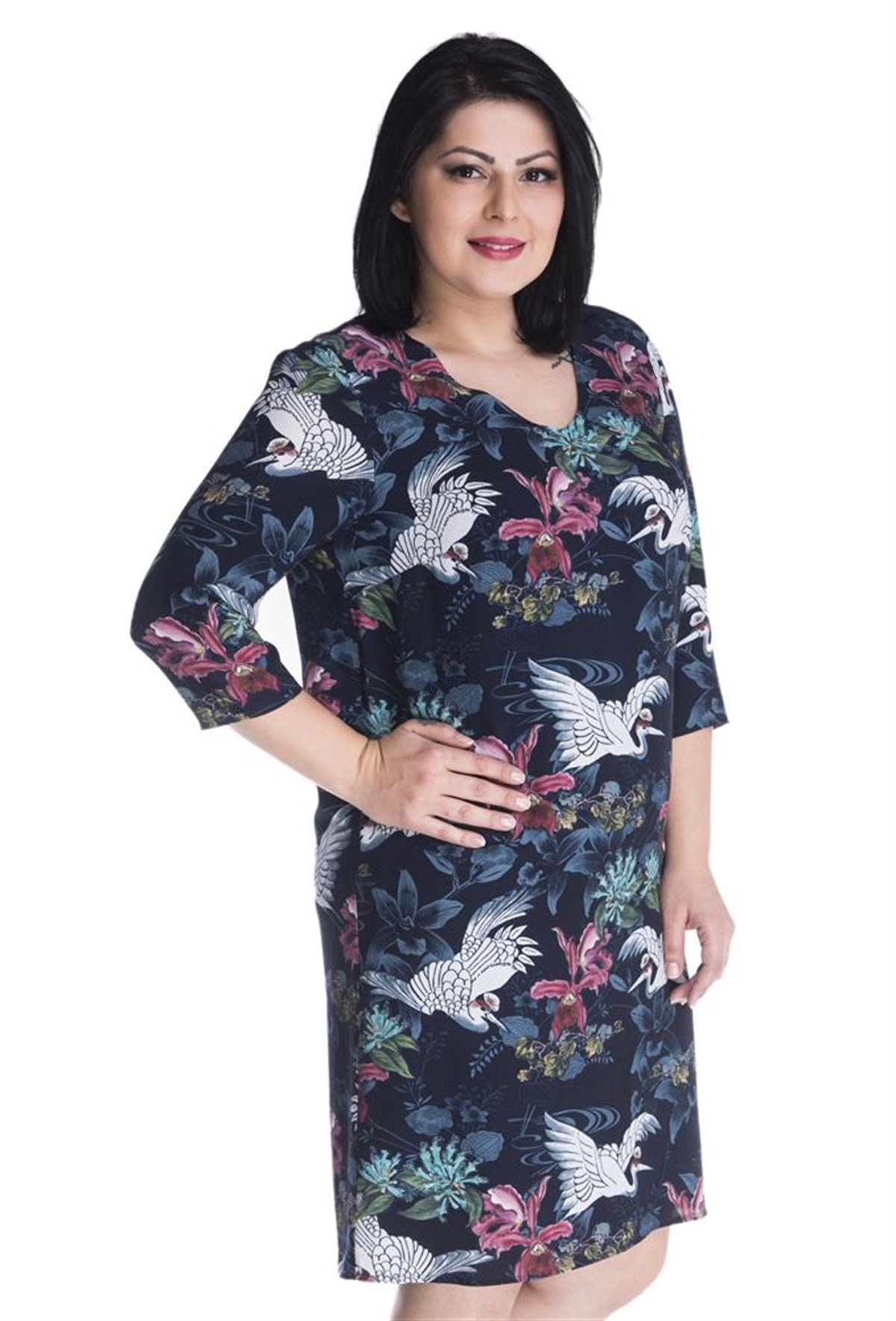  3/4 Kollu Desenli Astarlı ElbiseMYLINE13356-m