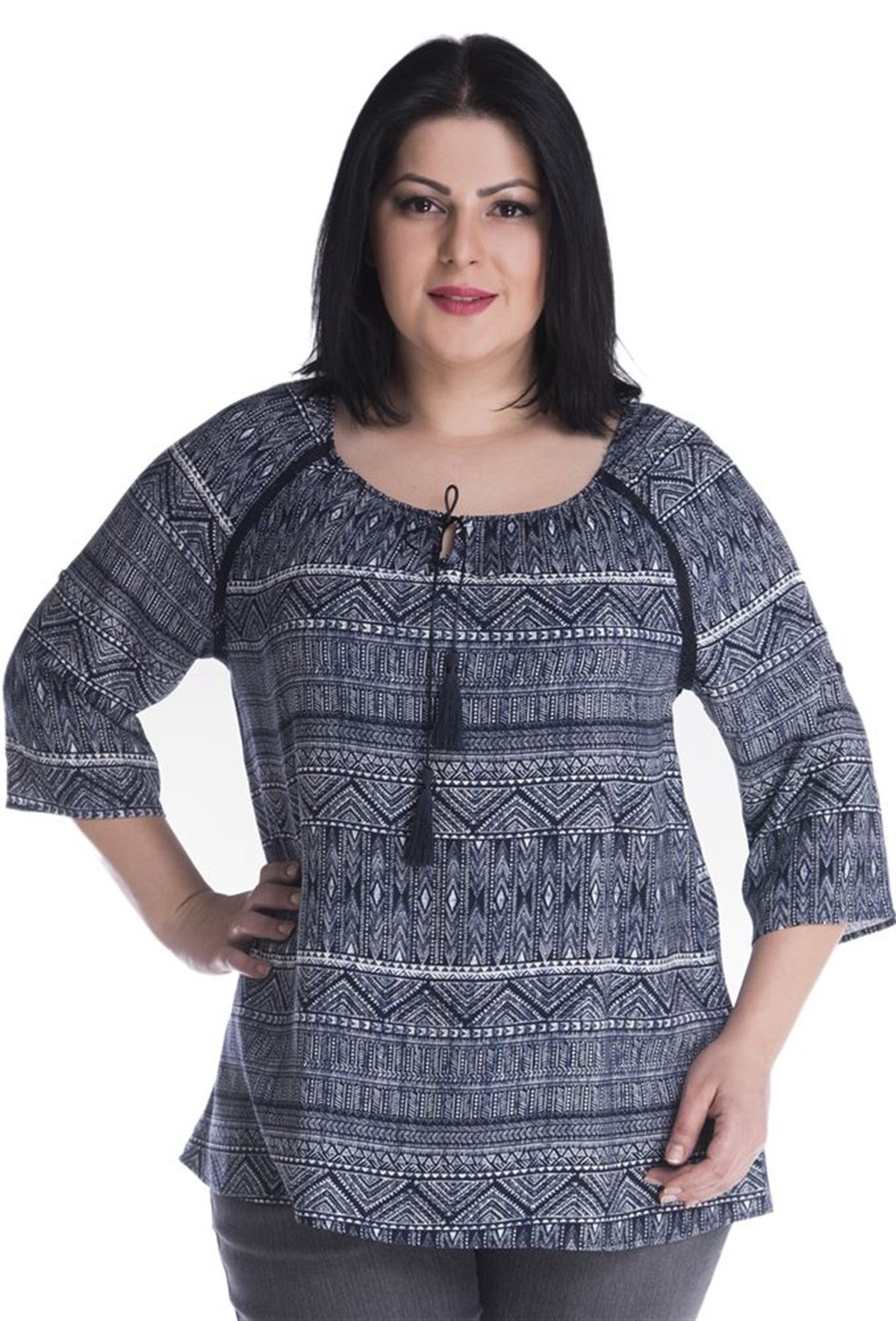 3/4 Kollu Apoletli Dantel Şeritli BluzMYLINE23449-m