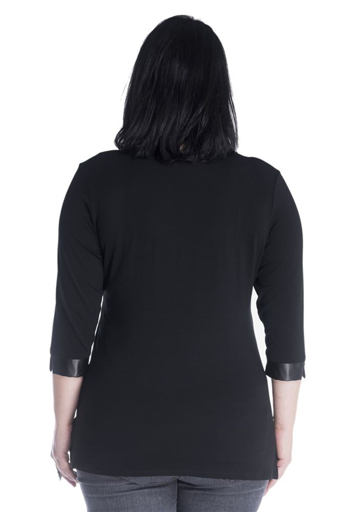 3/4 Kollu Deri Garnili Örme BluzMYLINE13388-m