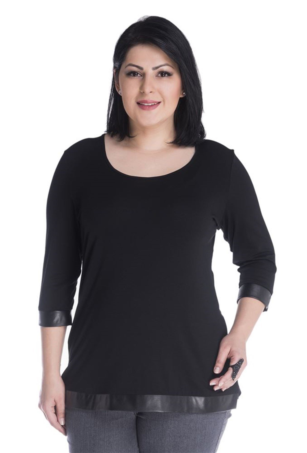 3/4 Kollu Deri Garnili Örme BluzMYLINE13388-m