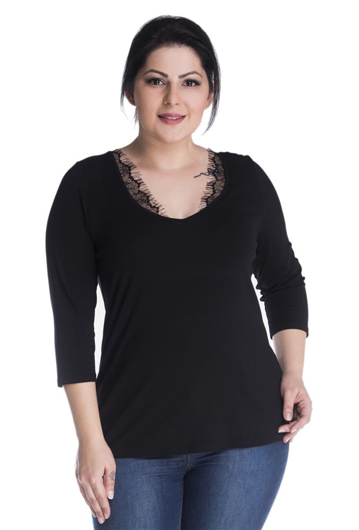 3/4 Kollu V Yakalı Penye BluzMYLINE13406-m