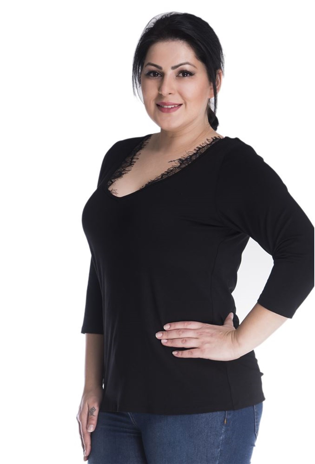 3/4 Kollu V Yakalı Penye BluzMYLINE13406-m