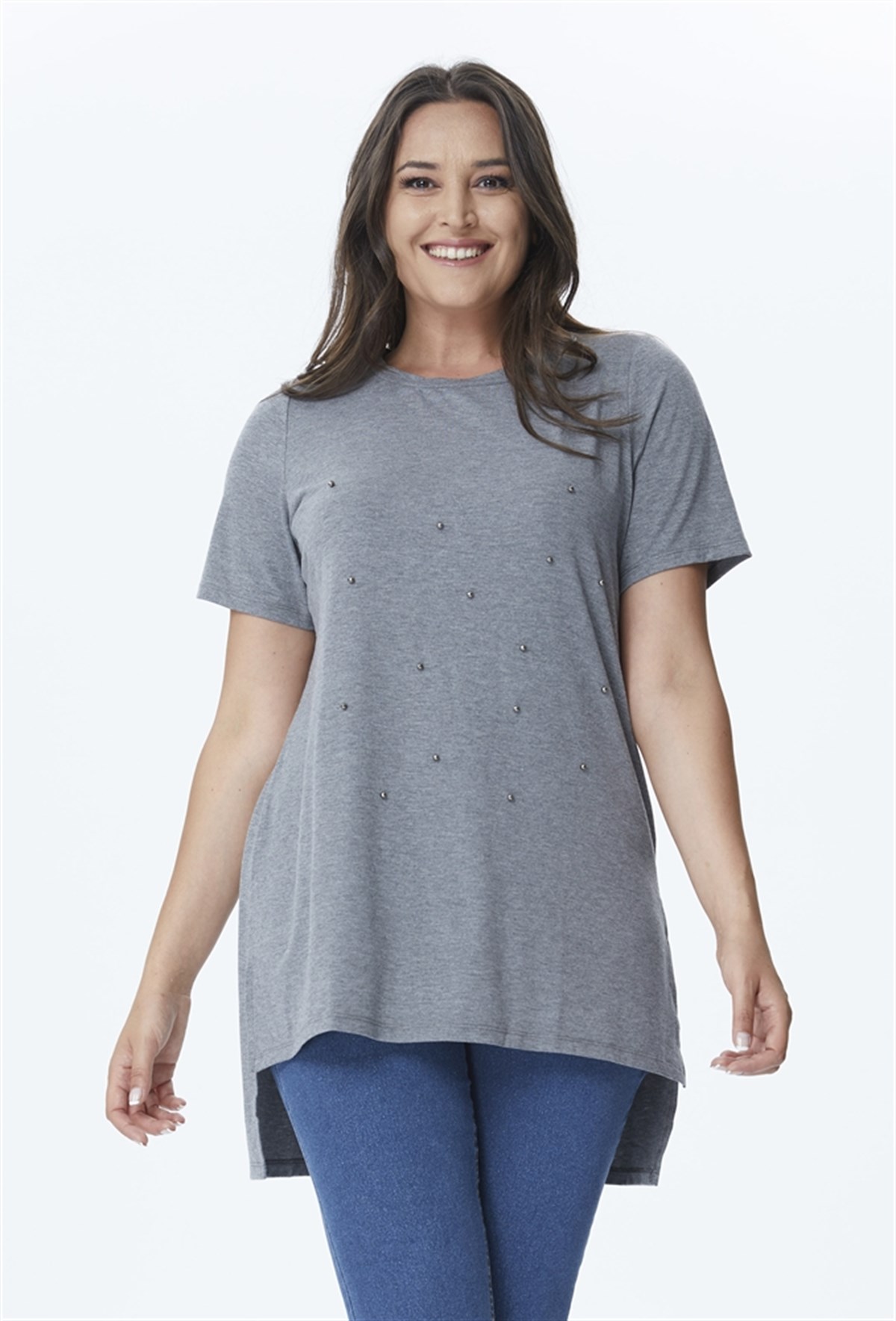 Arkası Uzun İnci Detaylı T-shirtMYLINE23536