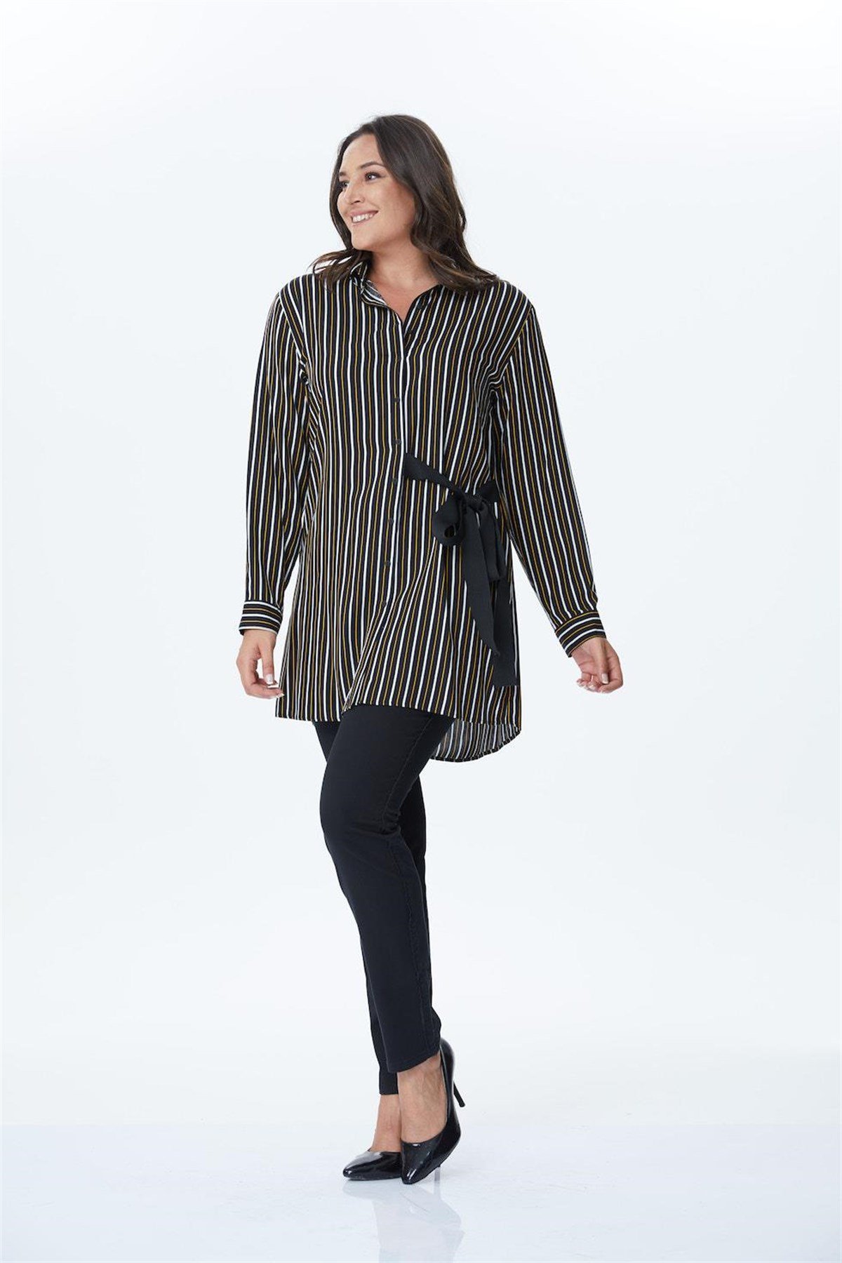 Bağlama Detaylı Çizgili Uzun GömlekMYLINE34172