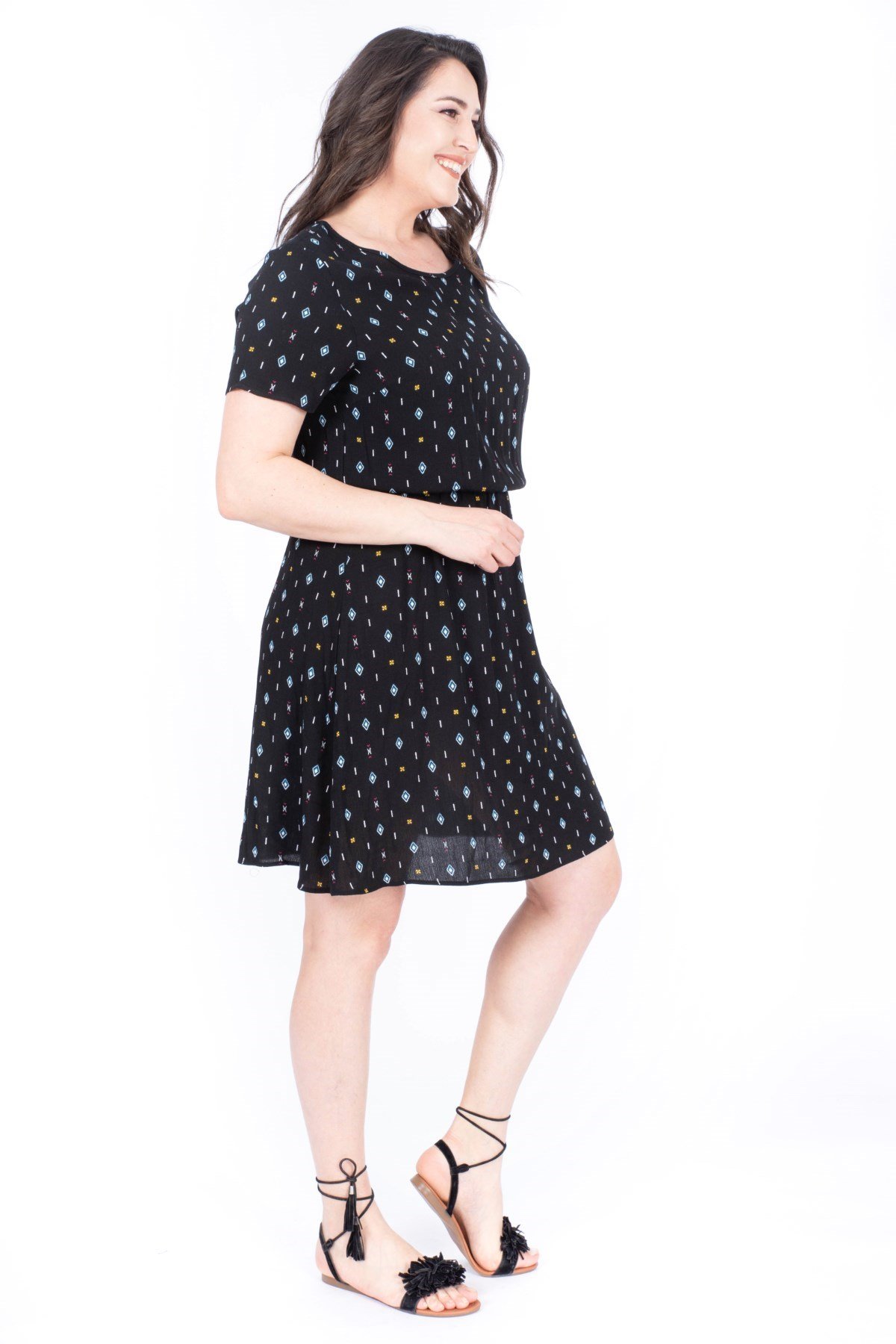 Belden Lastikli Desenli ElbiseMYLINE34411