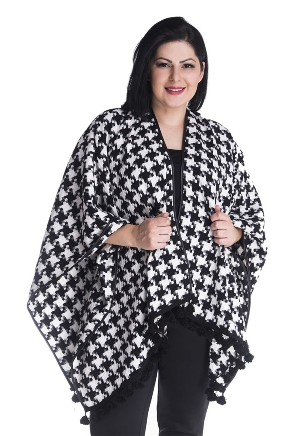 Deri Biyeli Ve Saçak Detaylı PançoMYLINE23413-m