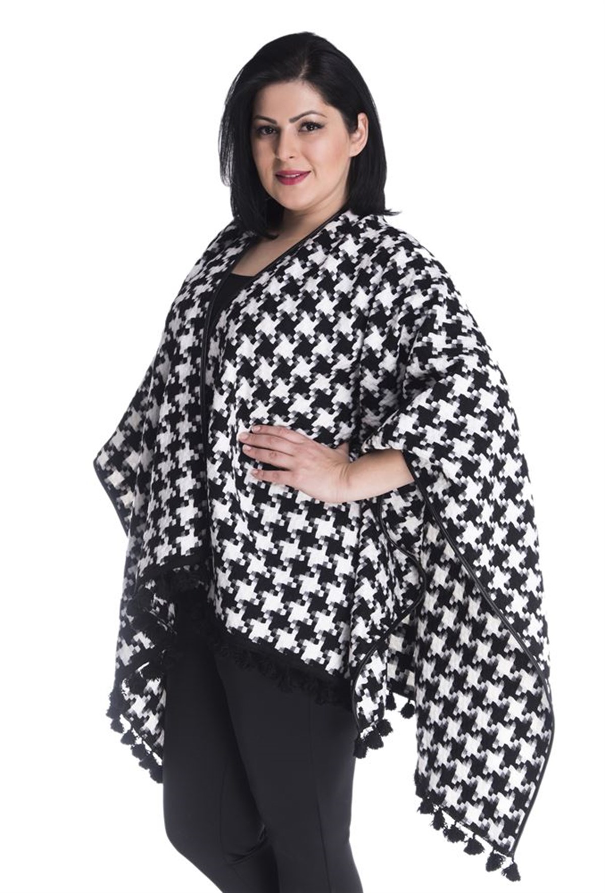 Deri Biyeli Ve Saçak Detaylı PançoMYLINE23413-m