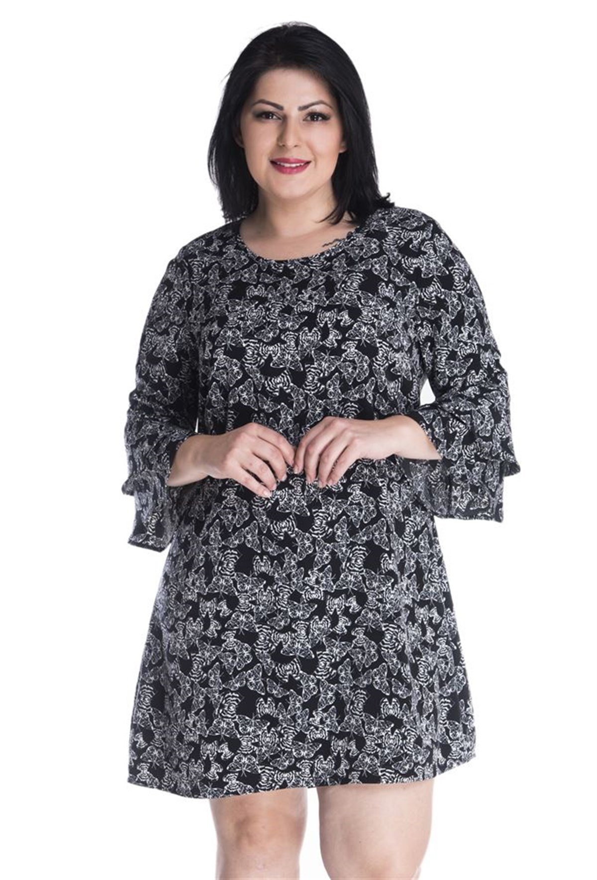 Desenli Kolları Volanlı ElbiseMYLINE13294-m