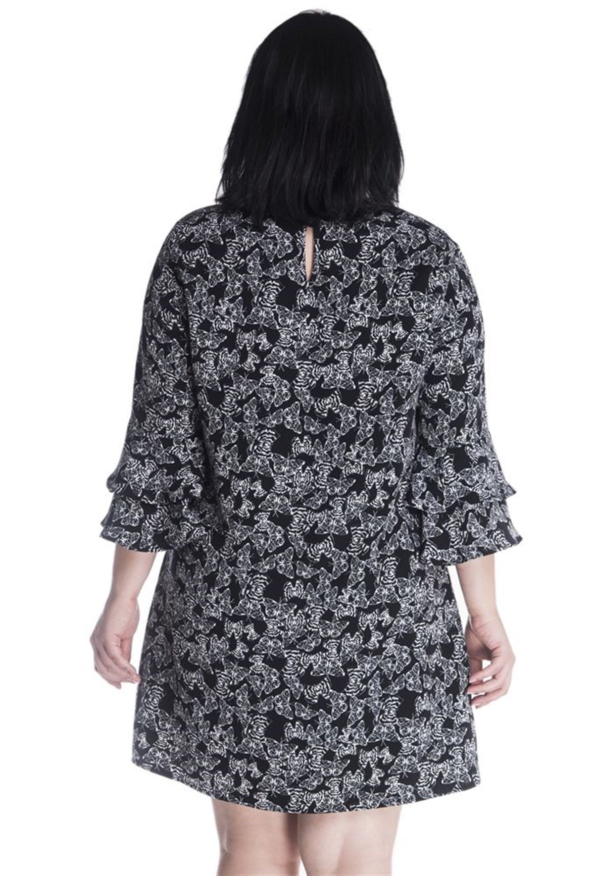 Desenli Kolları Volanlı ElbiseMYLINE13294-m