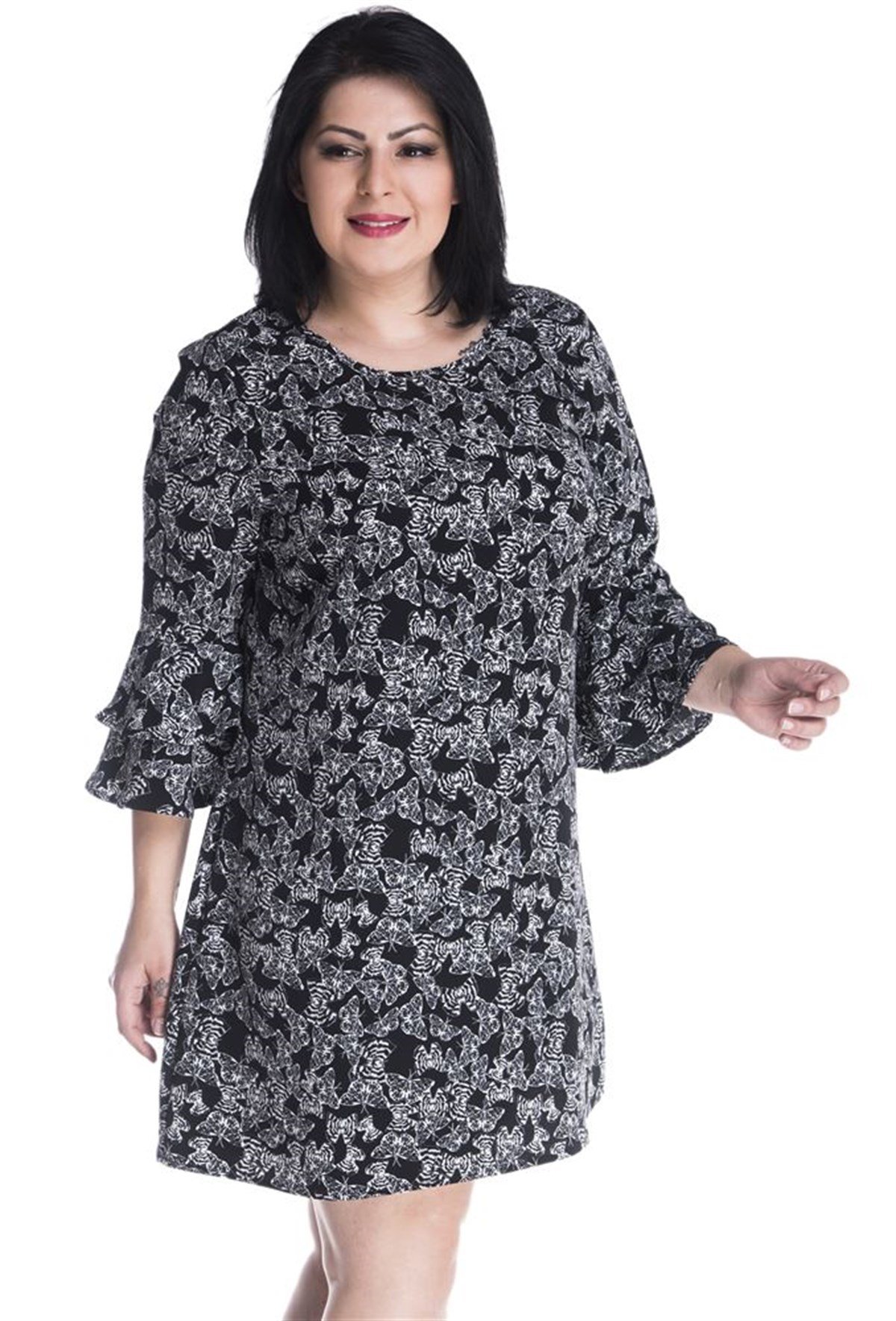 Desenli Kolları Volanlı ElbiseMYLINE13294-m