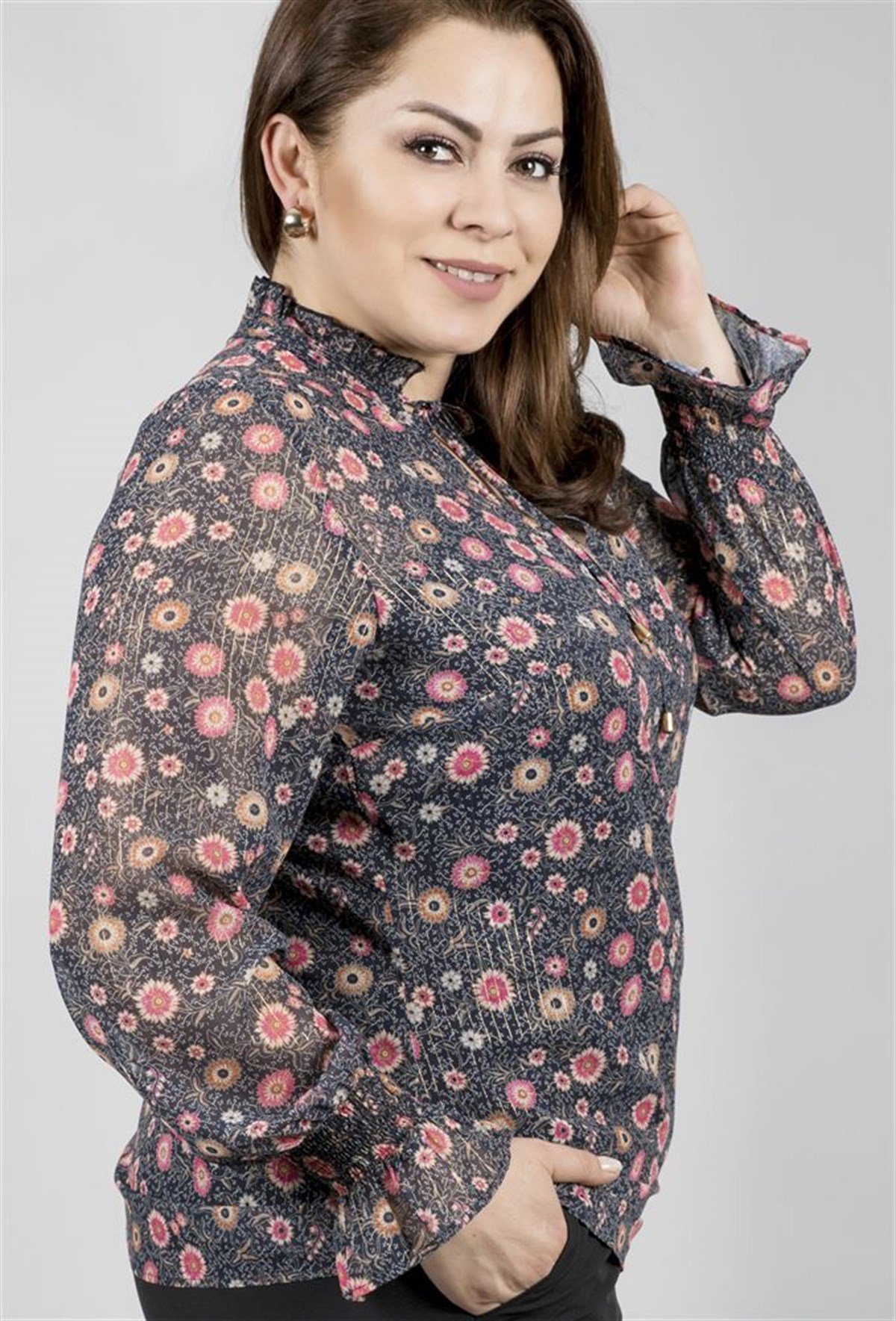 Desenli Uzun Kollu Şifon BluzMYLINE23574-m