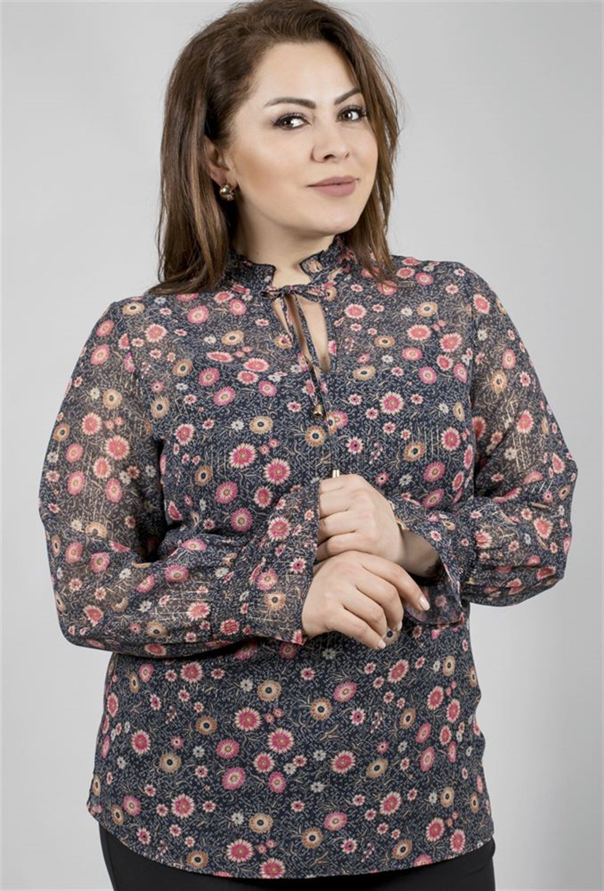 Desenli Uzun Kollu Şifon BluzMYLINE23574-m