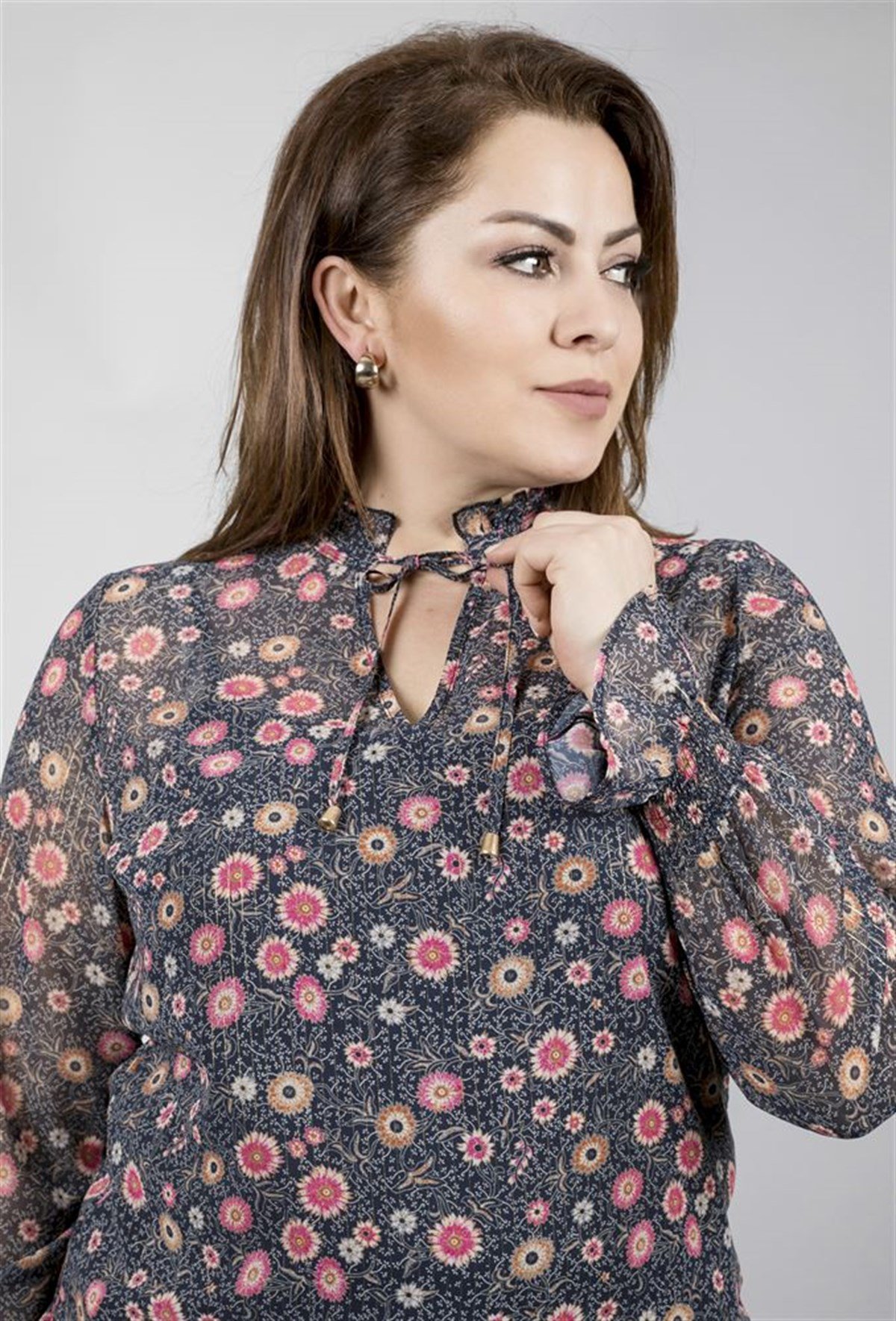 Desenli Uzun Kollu Şifon BluzMYLINE23574-m
