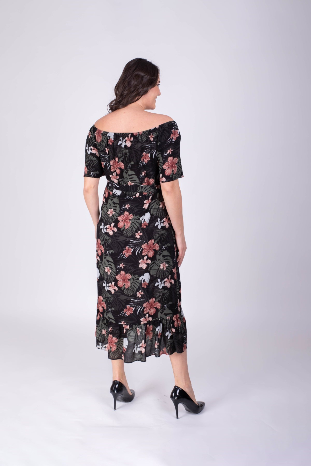 Düşük Omuzlu Yırtmaçlı ElbiseMYLINE34395