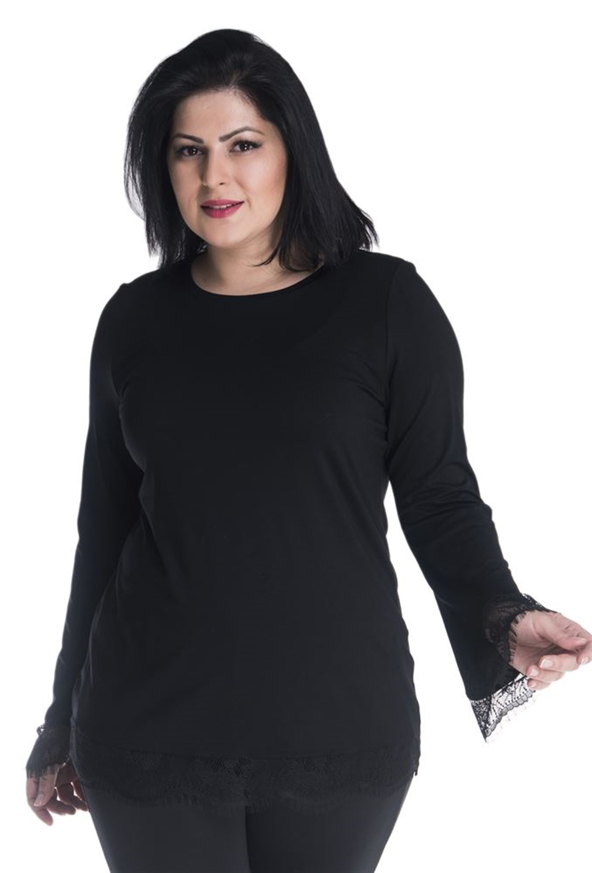 İspanyol Kollu, Kolağzı Ve Eteği Dantelli T-ShirtMYLINE13407-m