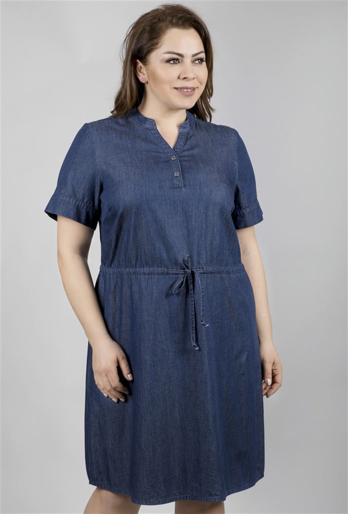 Kısa Kollu Önü Patlı Denim ElbiseMYLINE23440-m