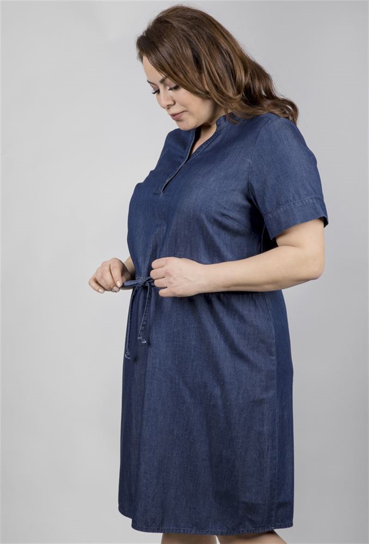 Kısa Kollu Önü Patlı Denim ElbiseMYLINE23440-m