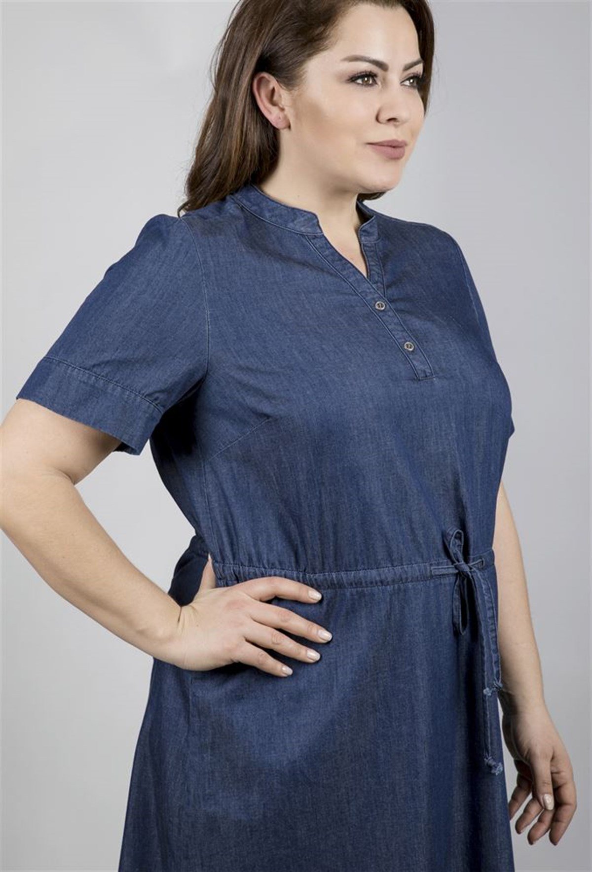 Kısa Kollu Önü Patlı Denim ElbiseMYLINE23440-m